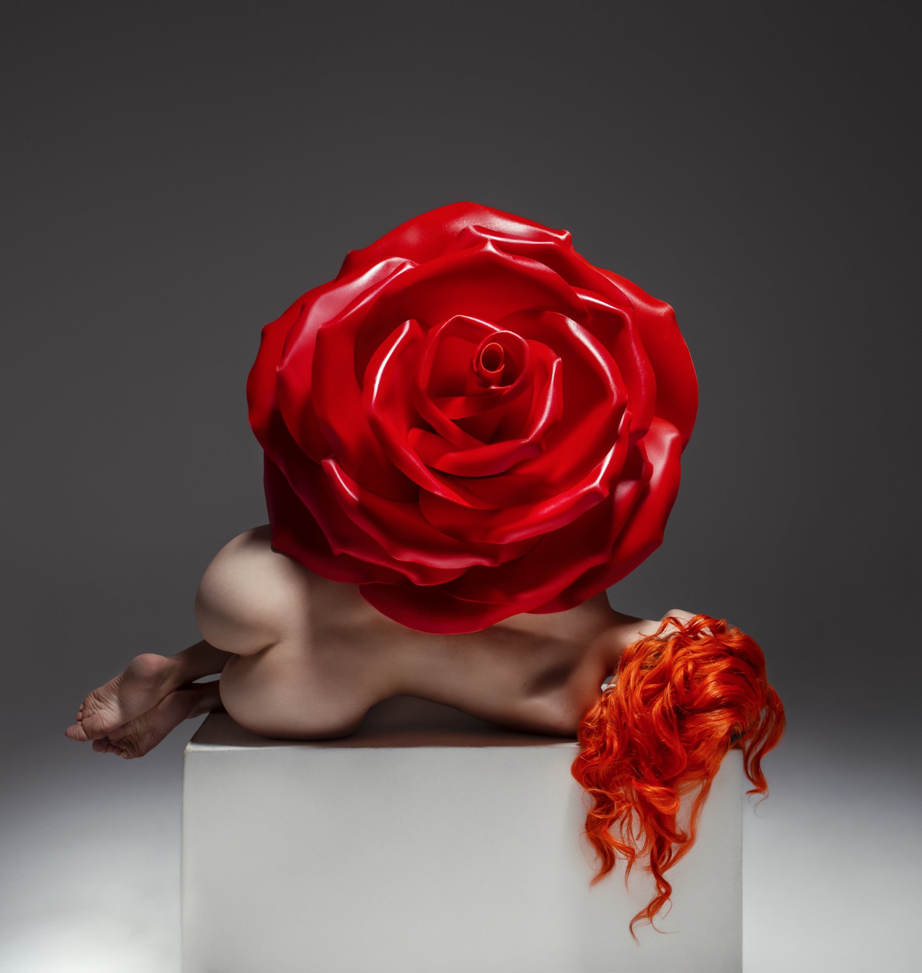 A person with red curly hair lying face down on a white pedestal, with a large red rose covering their head.
