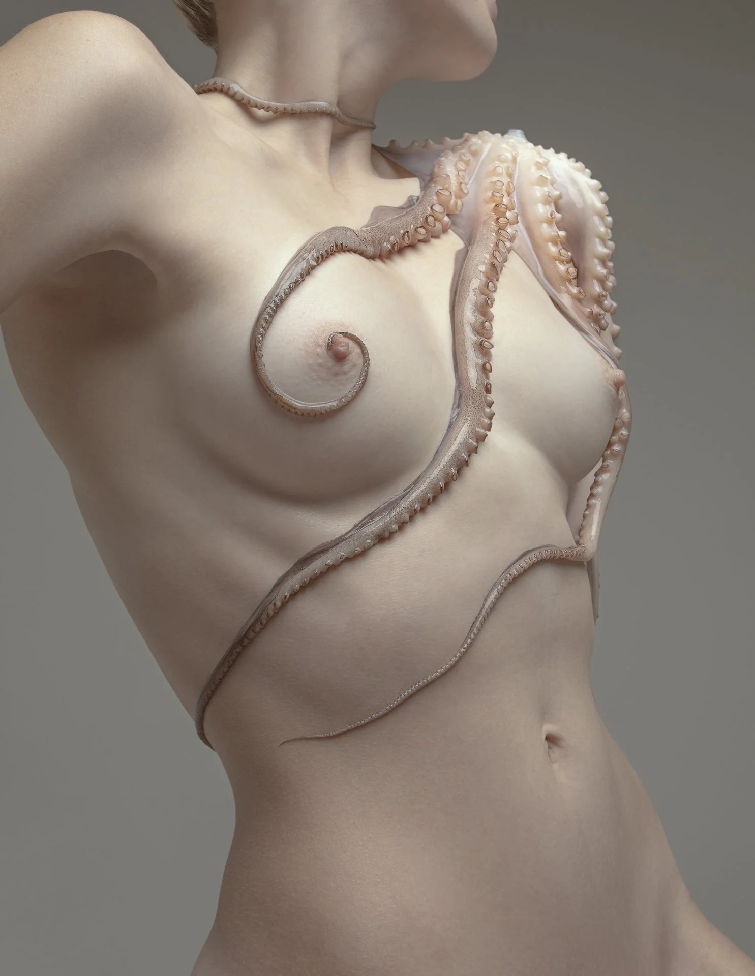 A woman with an octopus draped over her shoulder and across her chest, with its tentacles wrapped around her body.