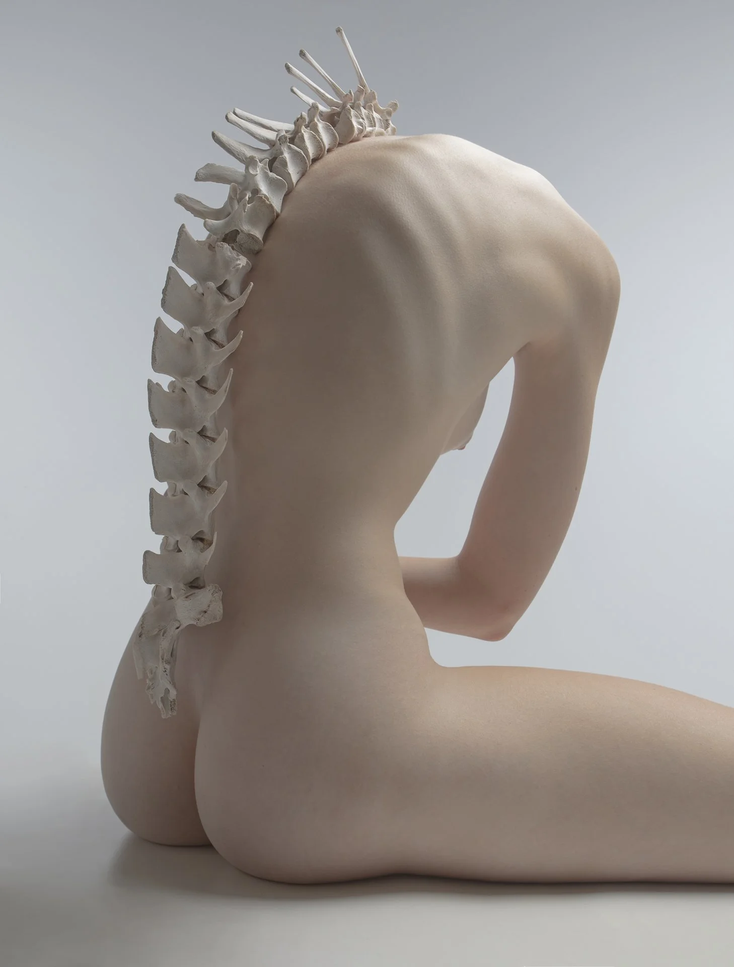 A sculpture of a reclining nude female torso with a human spine running from the neck down the back, set against a plain background.