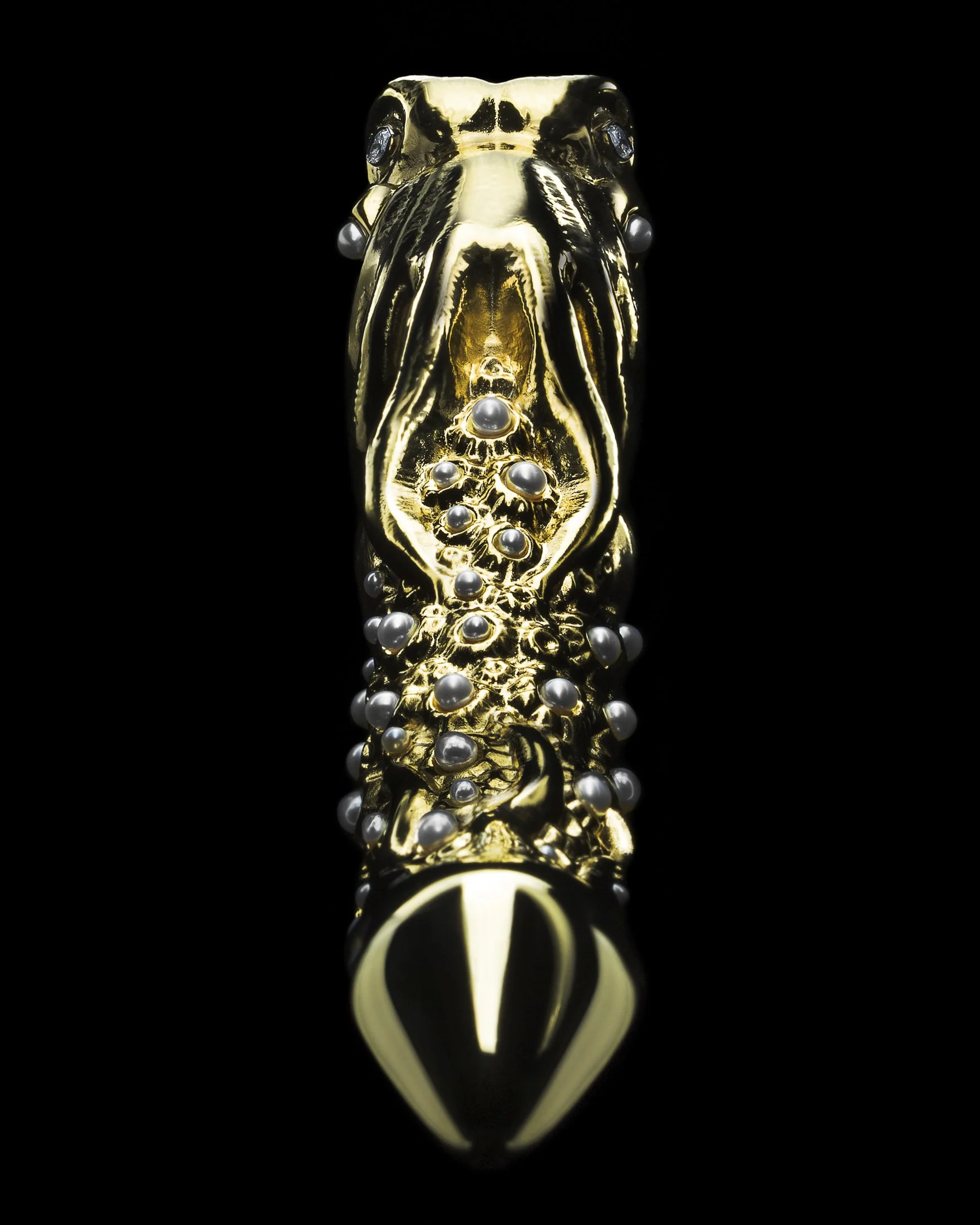A gold and black object resembling a dinosaur head with pearls embedded on it, set against a black background.