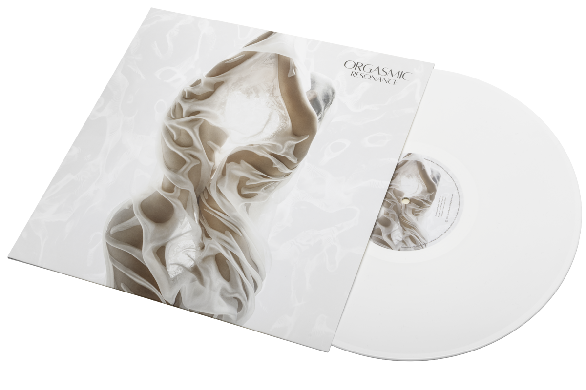 A white vinyl record with its album cover, titled 'Orgasmic Resonance,' featuring abstract draped fabric in beige and white tones.