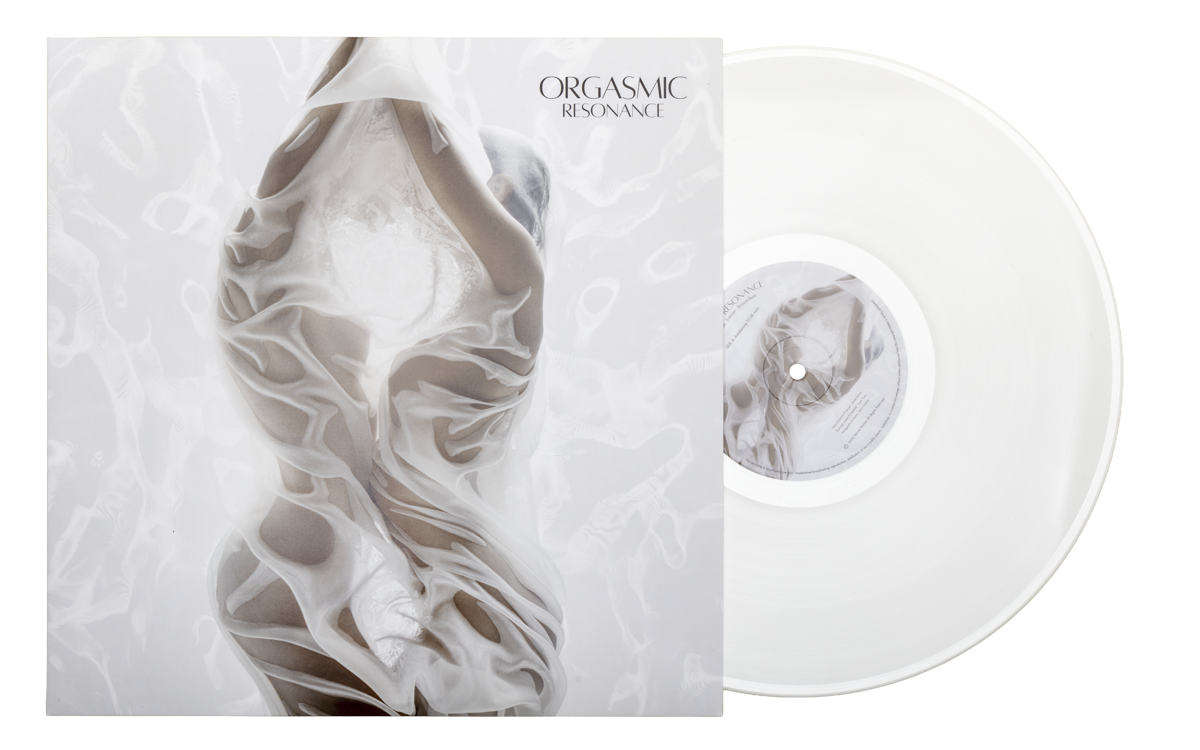 A vinyl record titled 'Orgasmic Resonance' with abstract, flowing artwork in shades of white, gray, and beige on its cover, and the record itself is white with a similar abstract pattern.