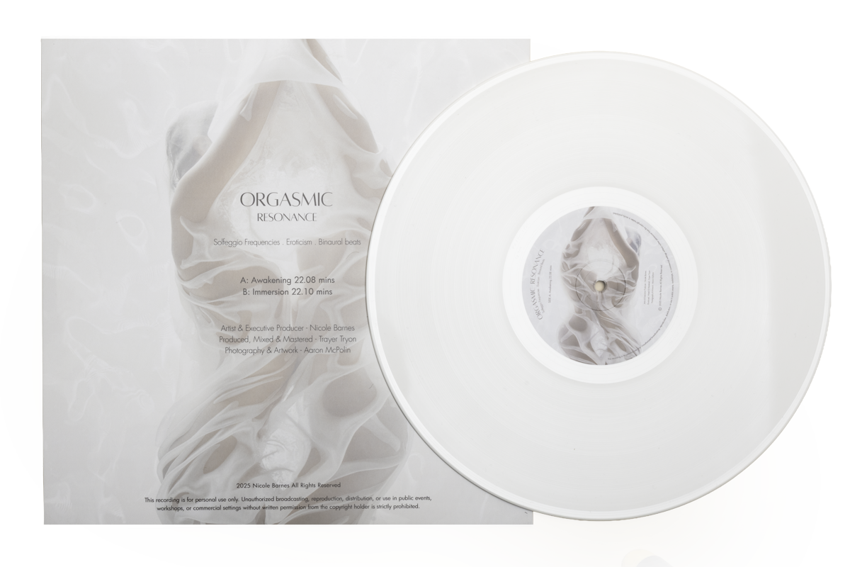A CD and its cover art for the album 'Orgasmic Resonance' by Nicole Barnes, featuring a white and gray abstract image, with track titles and production credits.