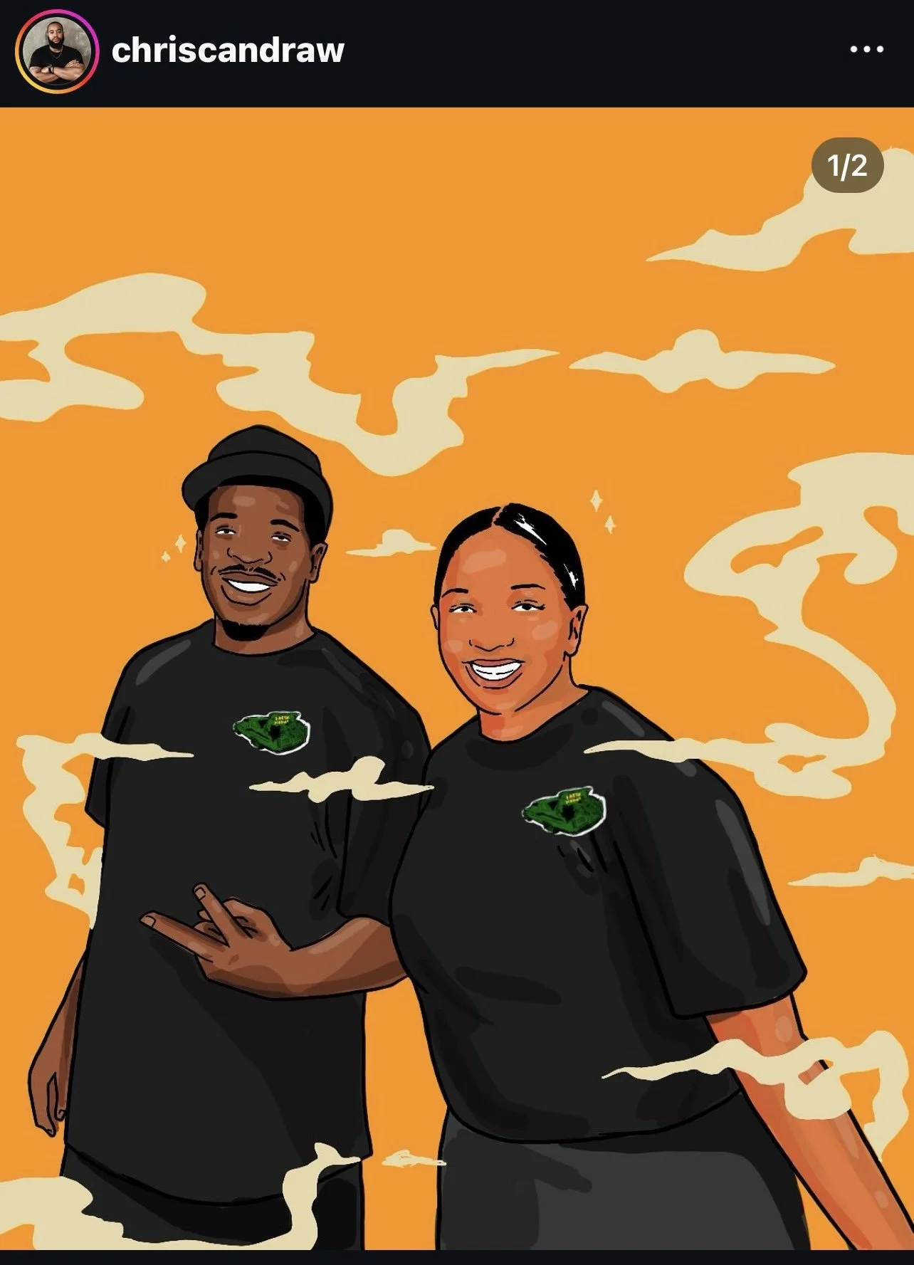 A digital illustration of a man and woman wearing black T-shirts with a green logo, smiling against an orange sky with white clouds.