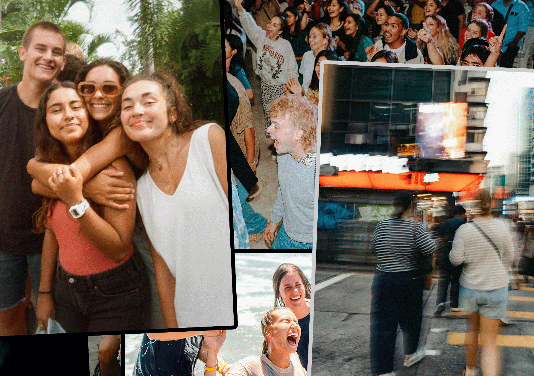 A collage of people enjoying different activities. The top left features a group hug among five cheerful young people outdoors with green trees in the background. The overlay on the right shows a large crowd of excited people at a public gathering. The bottom left displays women laughing and smiling at the beach, with waves in the background. The bottom right depicts two women walking across a city street at night, with bright lights and blurred motion.
