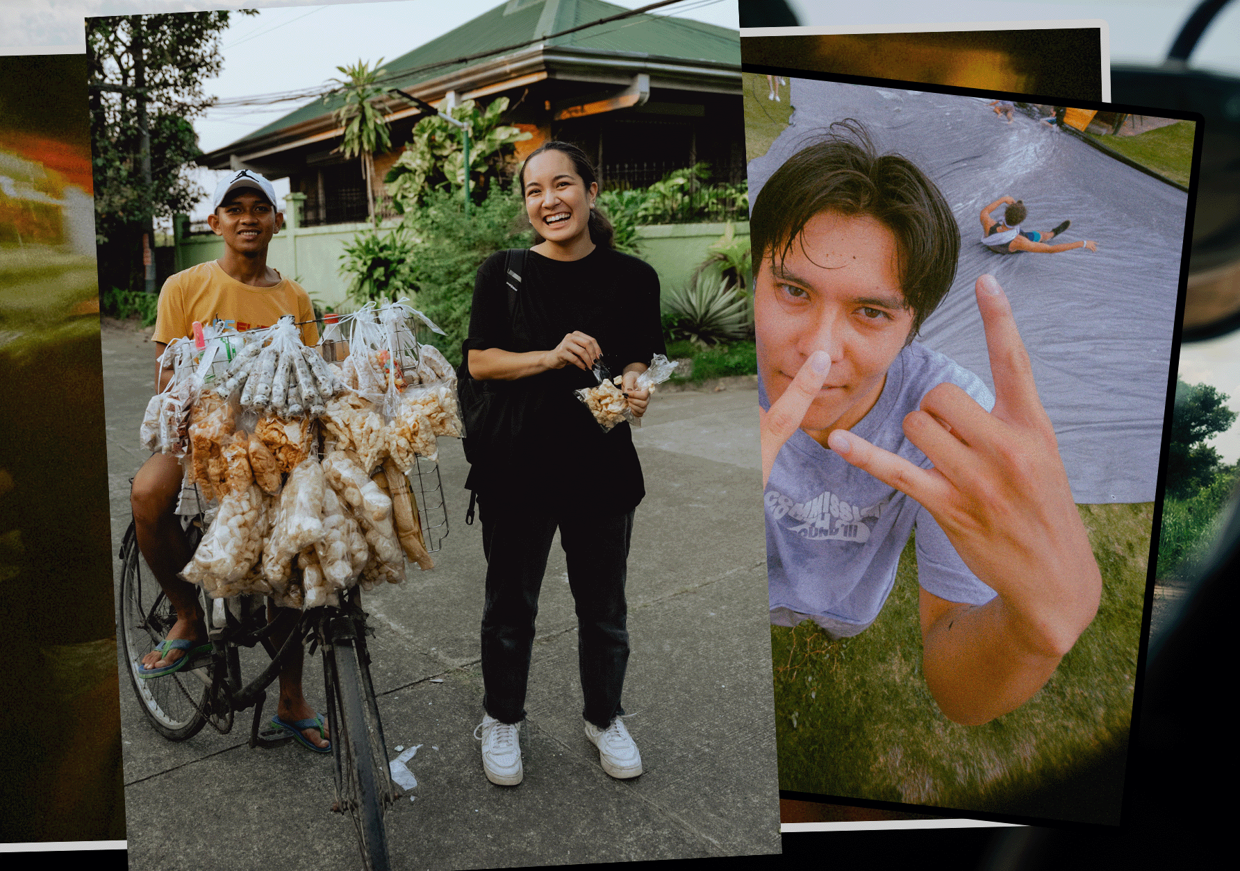 Group of people outdoors, smiling; one person on a bicycle with bags of snacks, another woman standing beside him with a snack, and a person in the background making a peace sign.