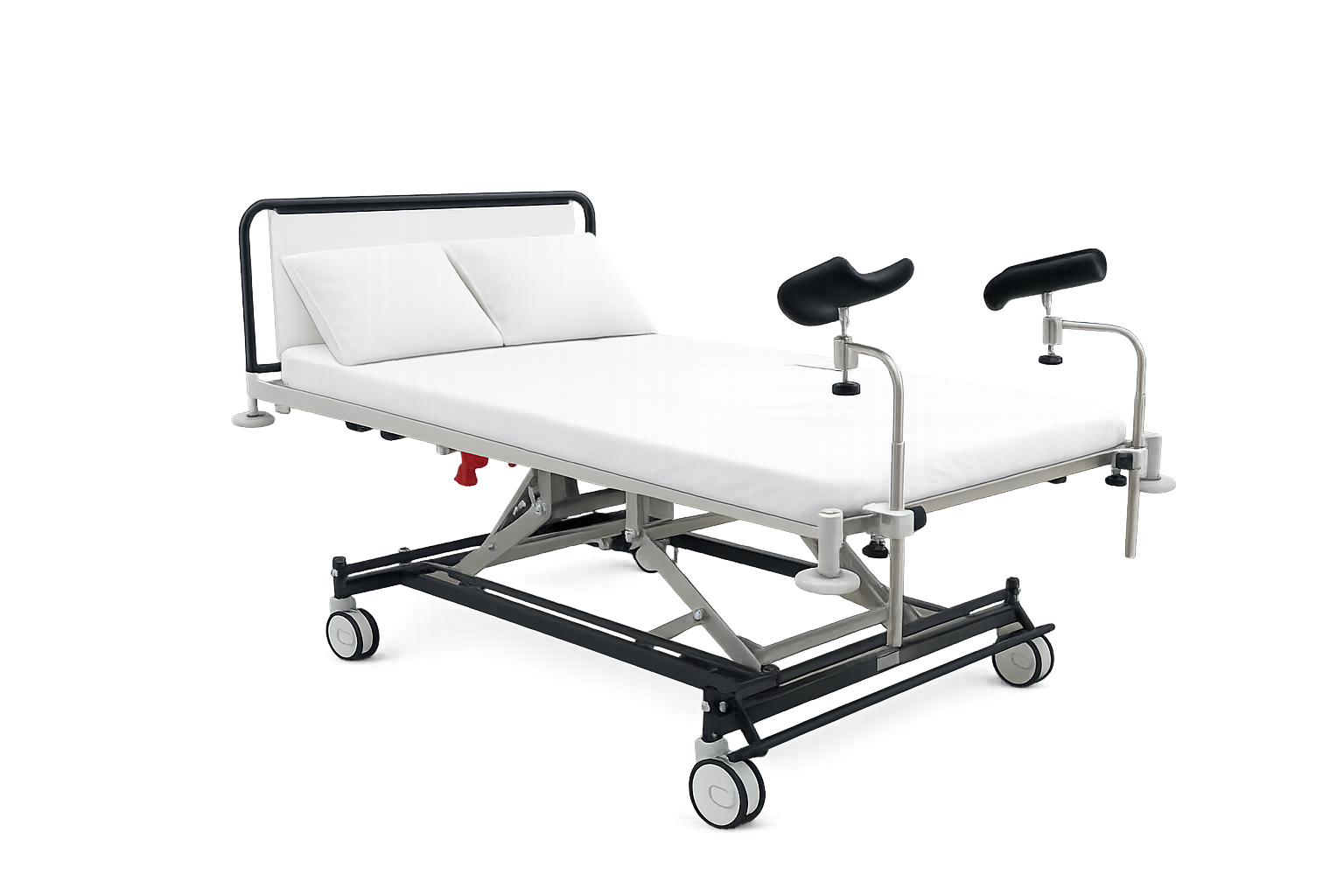 Hospital bed with white sheets, pillows, and adjustable side rails, set against a plain background.