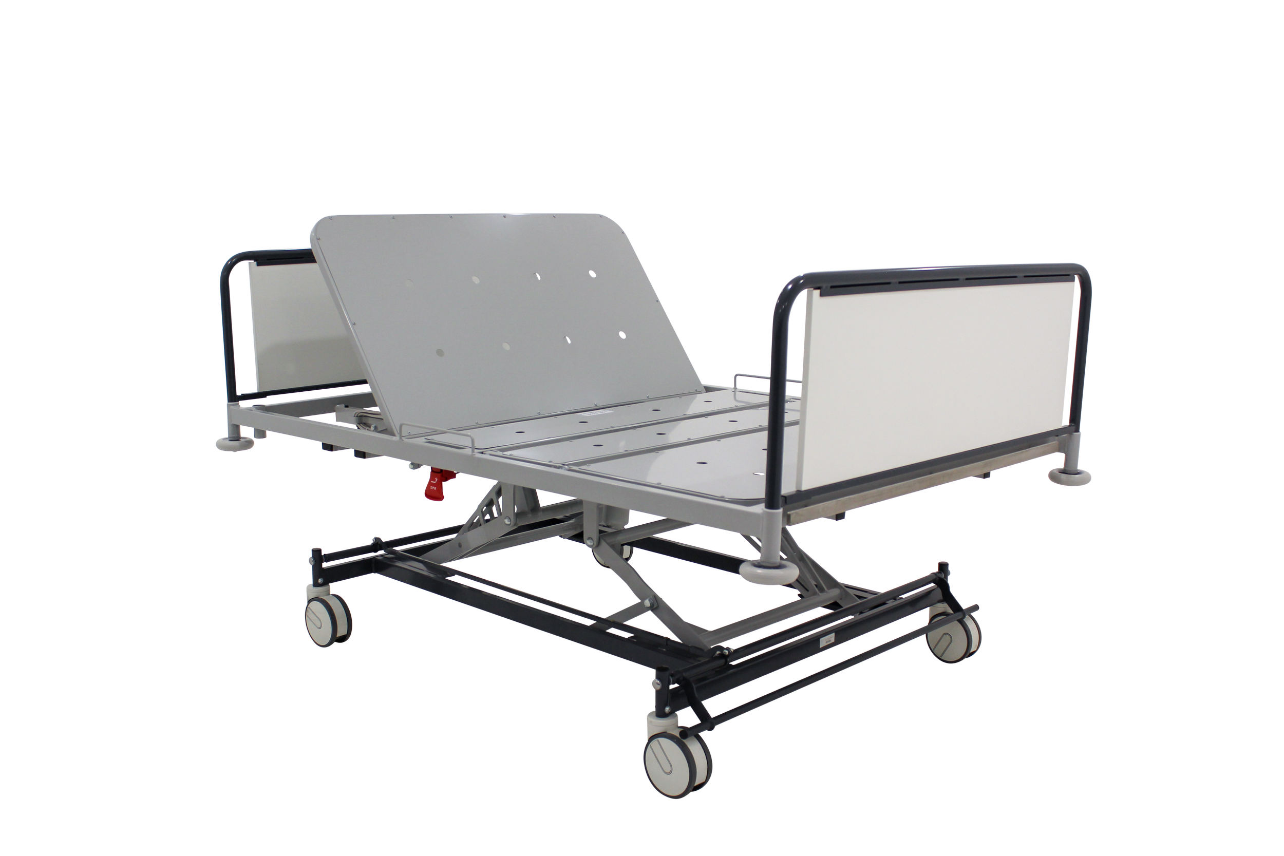 Hospital bed with adjustable side rails, wheels, and a metallic frame, positioned on a plain background.