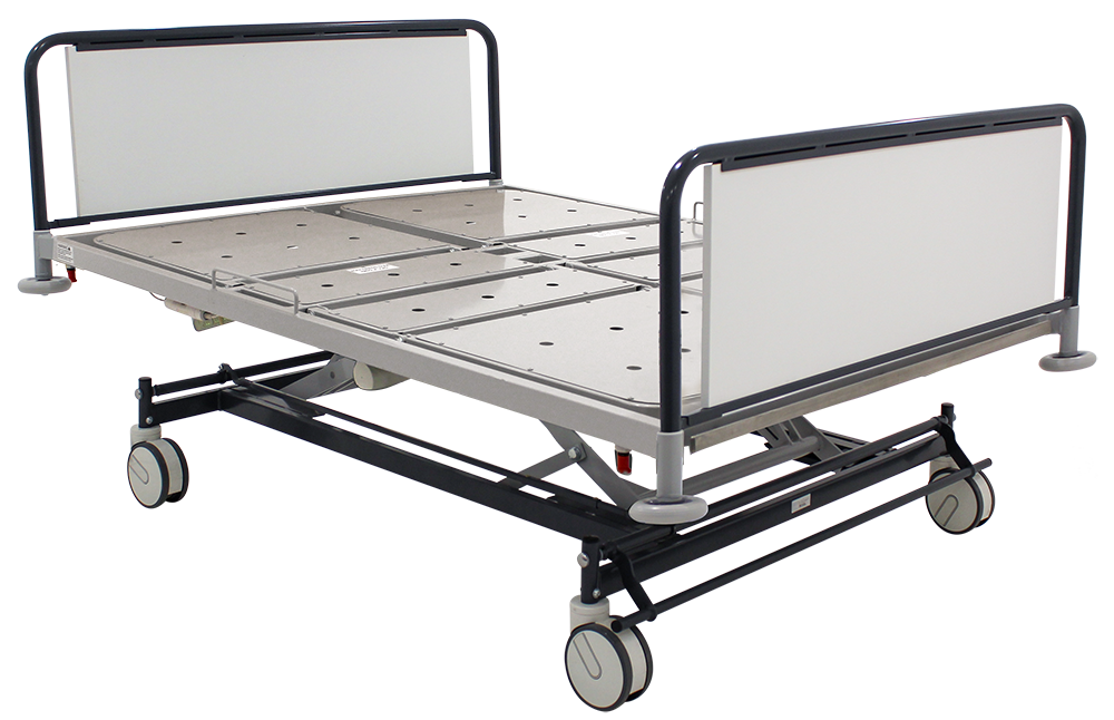 Hospital bed with adjustable side rails and wheels