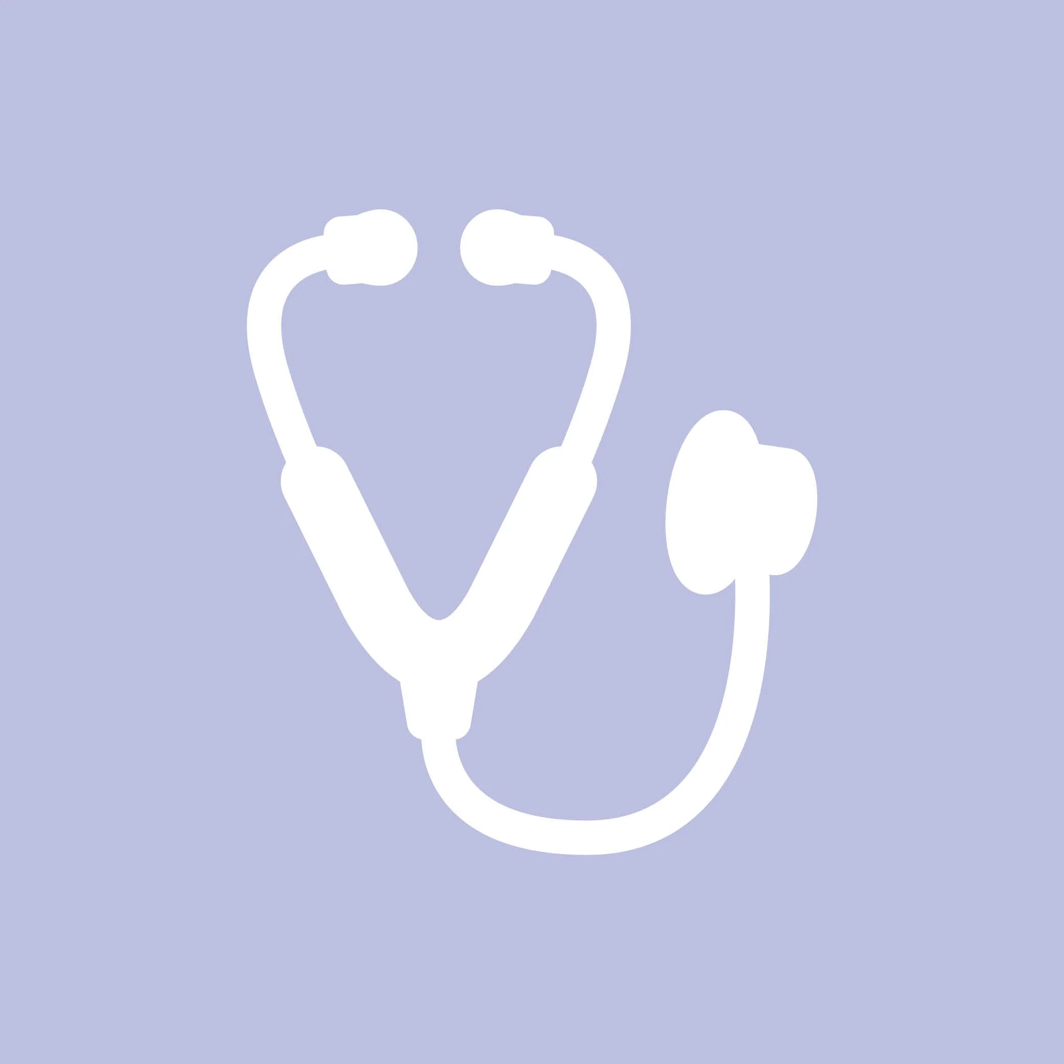 A digital illustration of a stethoscope with a simplified heart shape, set against a light purple background.