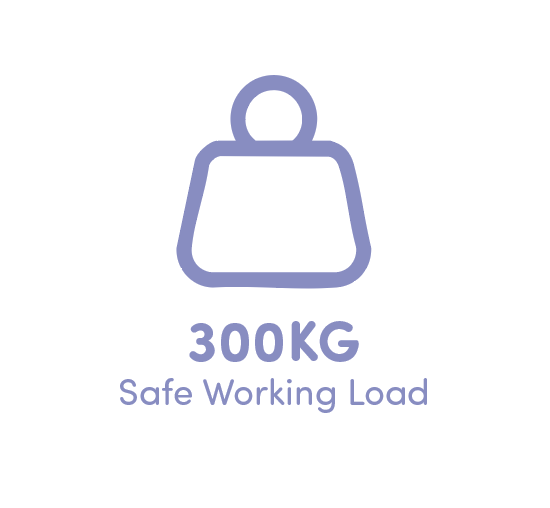 Icon of a weight with the text "300KG Safe Working Load" underneath, indicating weight capacity.