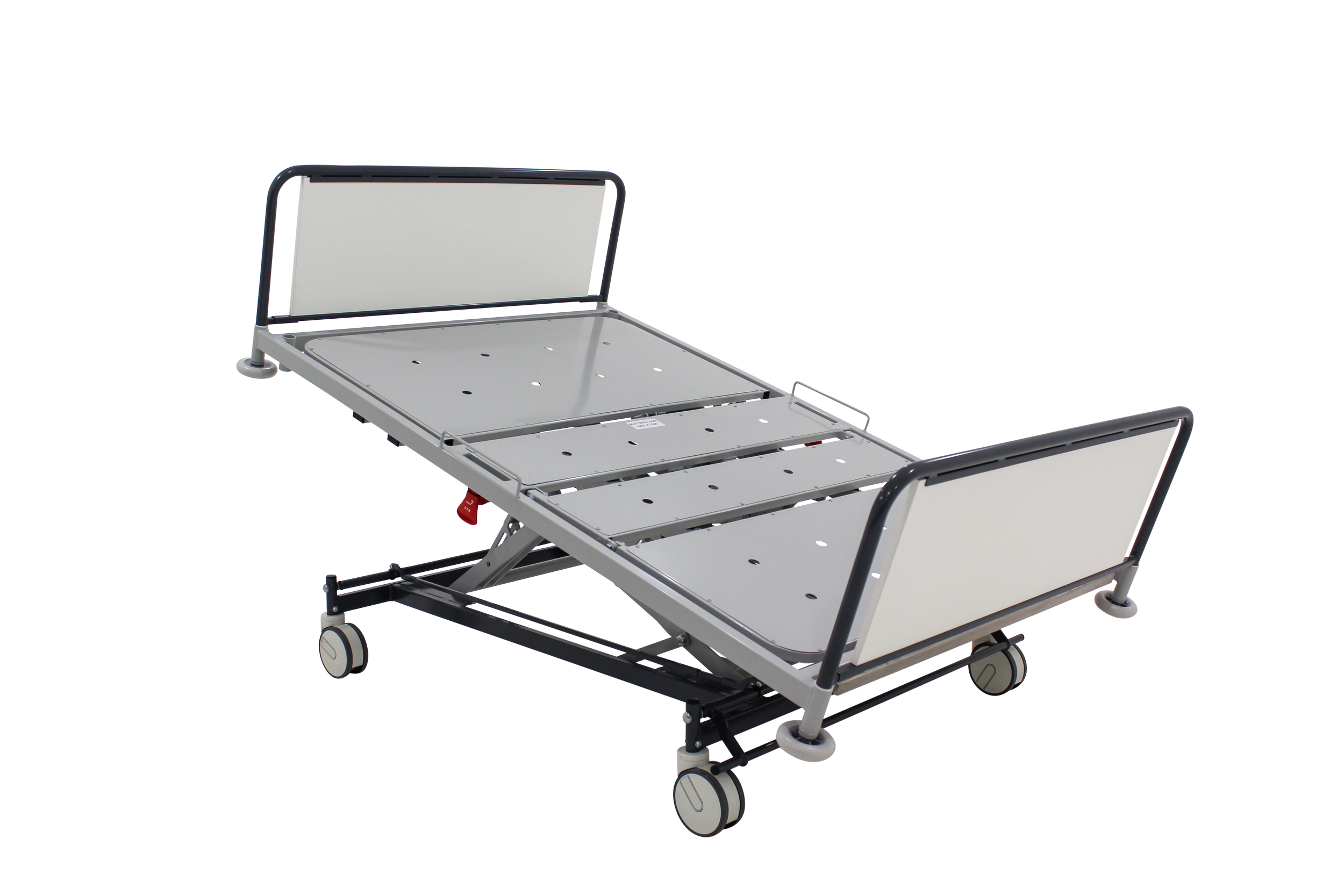 Hospital bed with guardrails, wheels, and adjustable features, shown against a plain background.