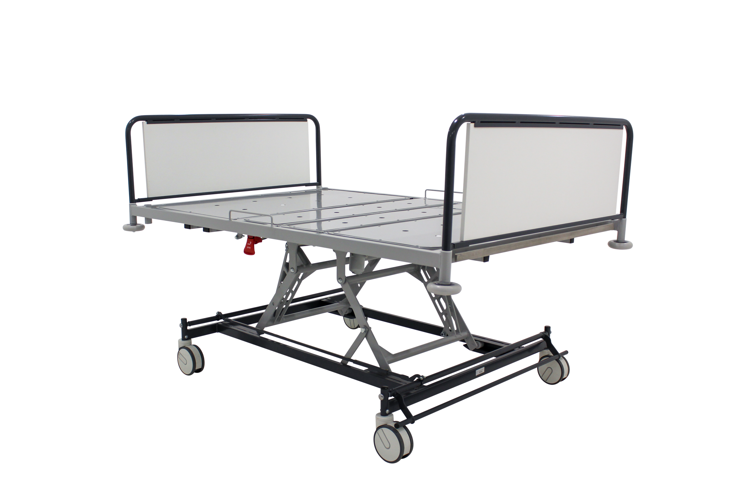 Hospital bed with adjustable height and side rails, on wheels, with a white head and footboard and gray frame.