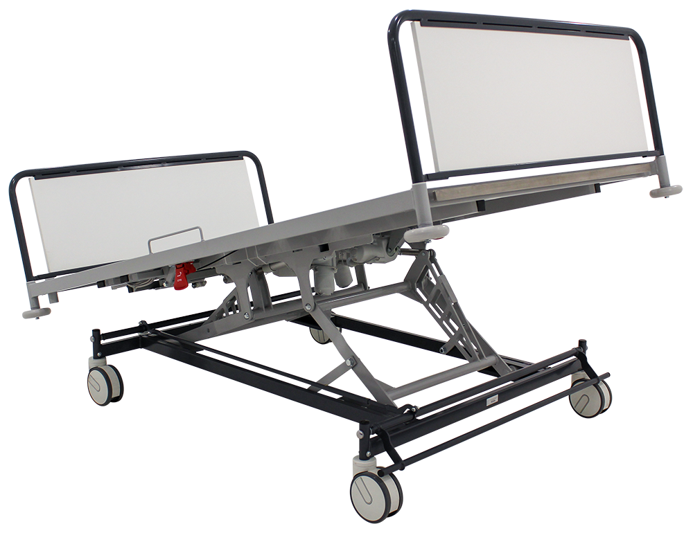 Hospital gurney with an adjustable backrest, on wheels for easy mobility.
