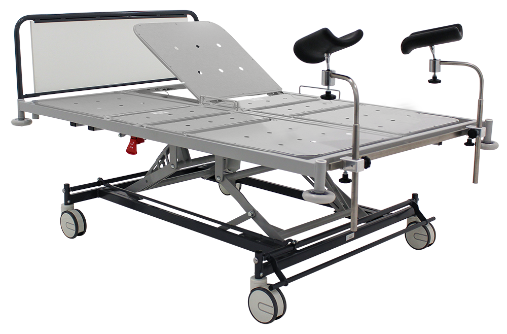 A hospital bed with an adjustable height and backrest, accompanied by two orthopedic crutches resting on the bed's side rails.