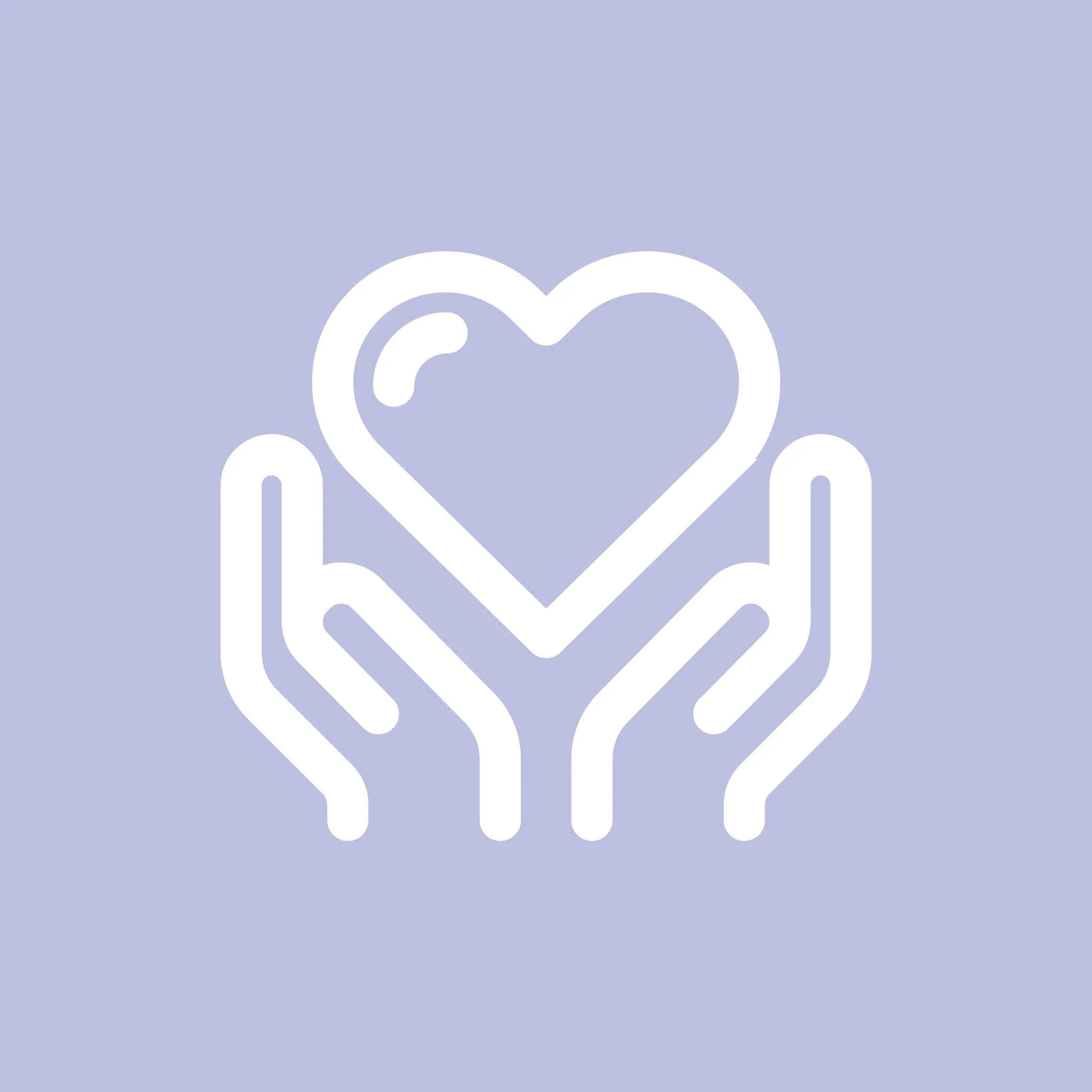 Line drawing of two hands forming a heart shape, with a stylized sunrise inside the heart, on a light purple background.