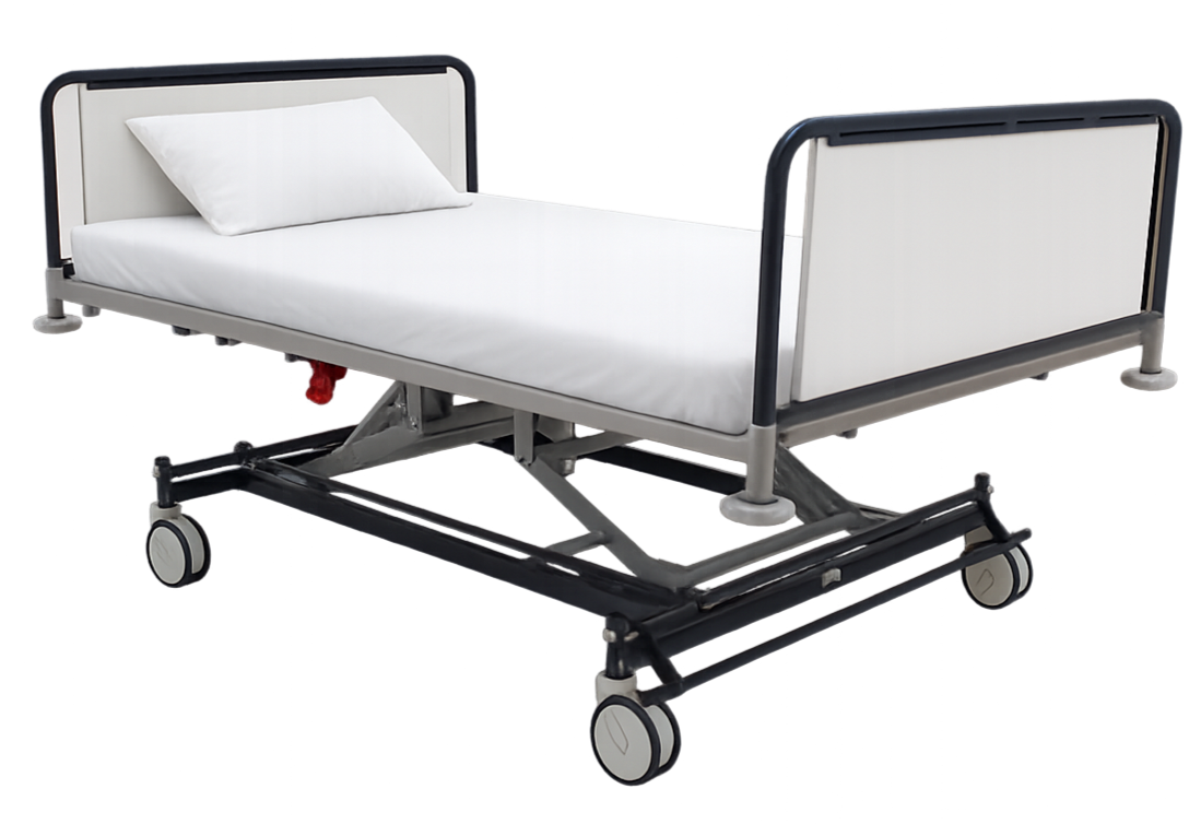 Hospital bed with white mattress, pillow, and wheelchair wheels.
