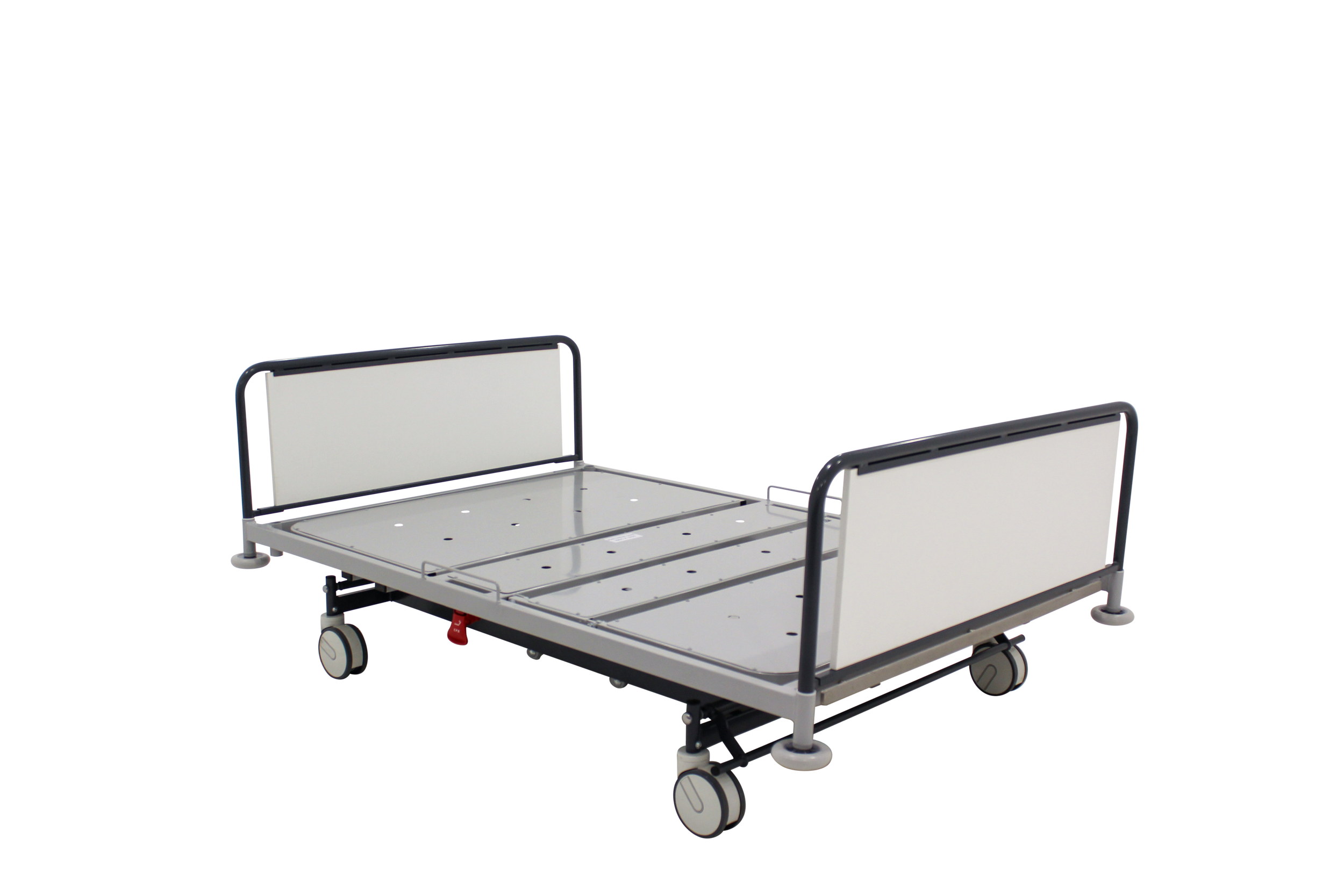 A hospital bed frame with side rails, wheels, and a head and foot section, without a mattress.