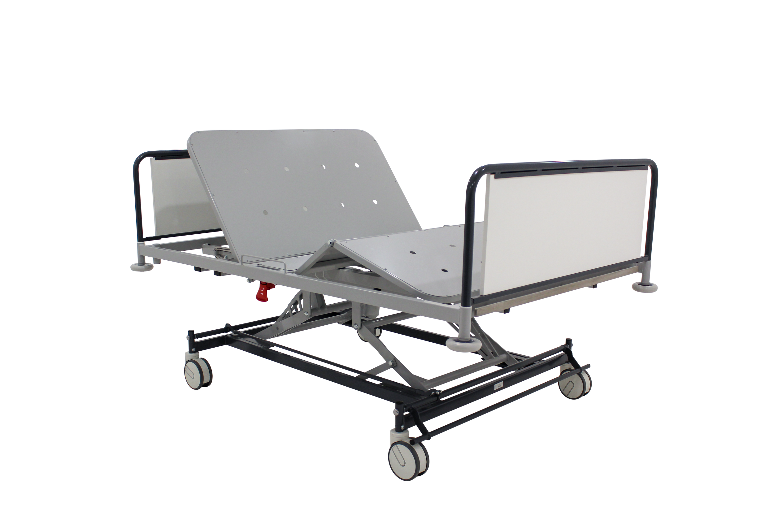 Hospital gurney with adjustable backrest and wheels, made of metal with white and black accents.