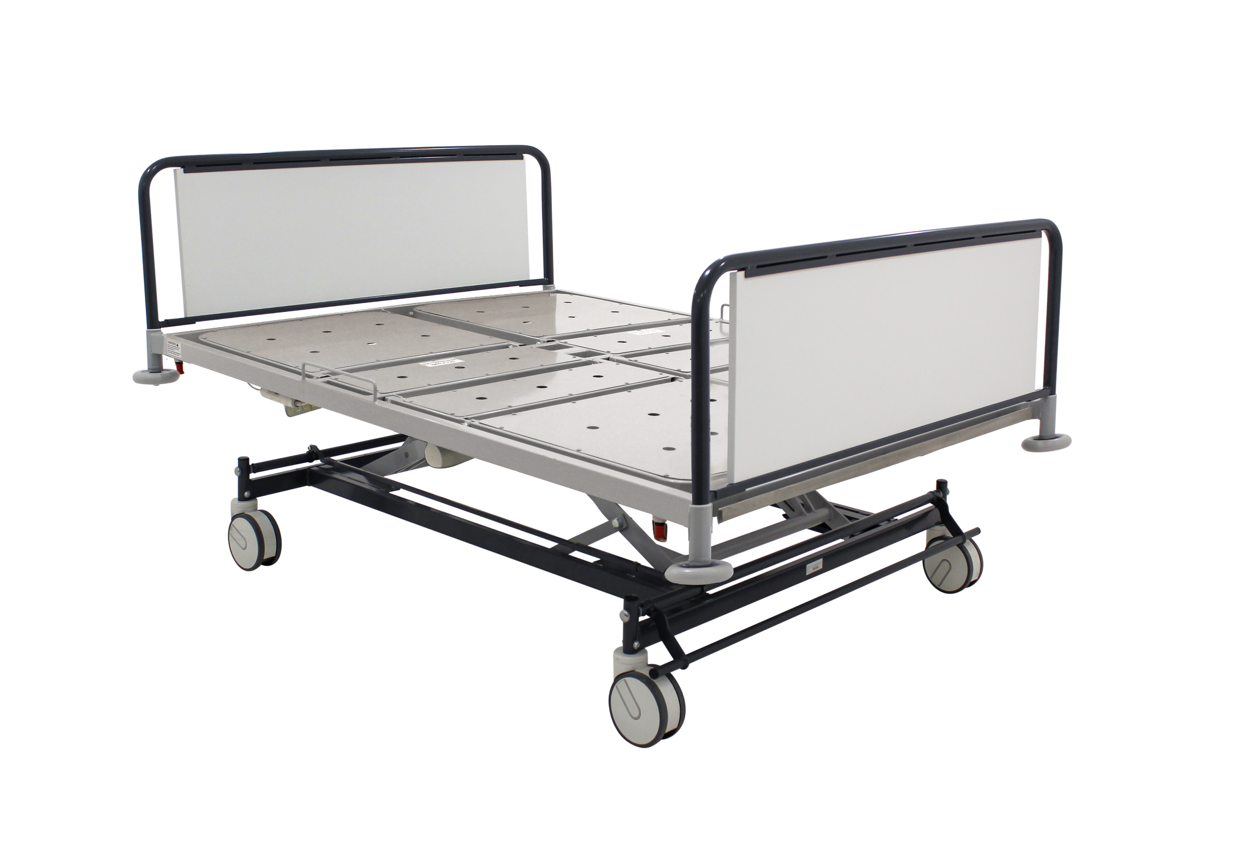 Hospital bed with adjustable side rails and wheels, positioned on a white background.