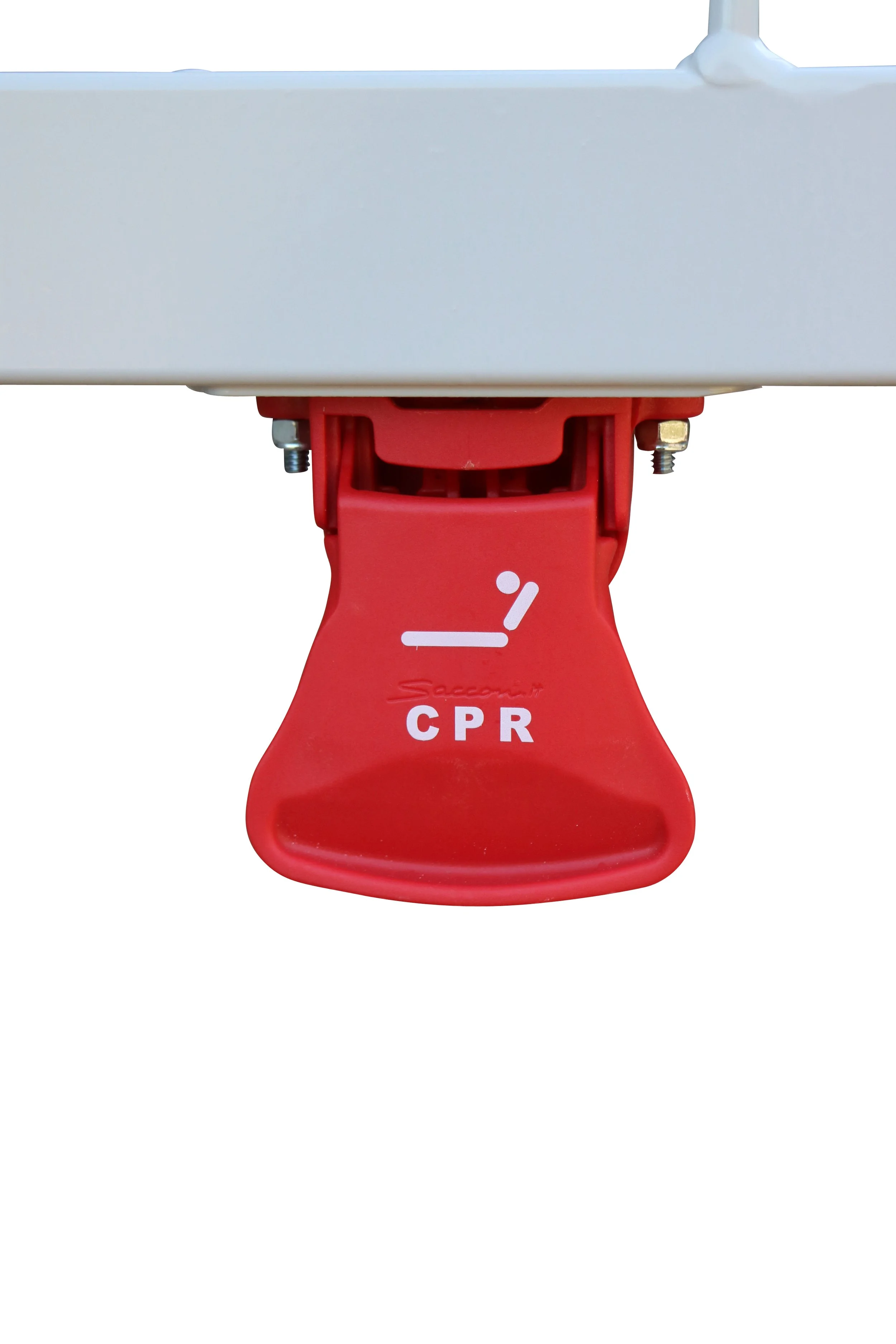 Close-up of a red CPR defibrillator handle with white text and a graphic of a person performing chest compressions.