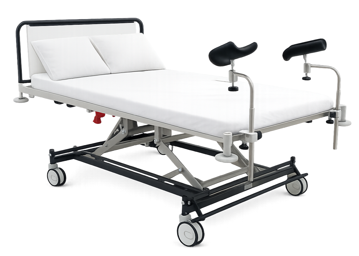 Hospital bed with side rails, adjustable headrest, and two pillows.