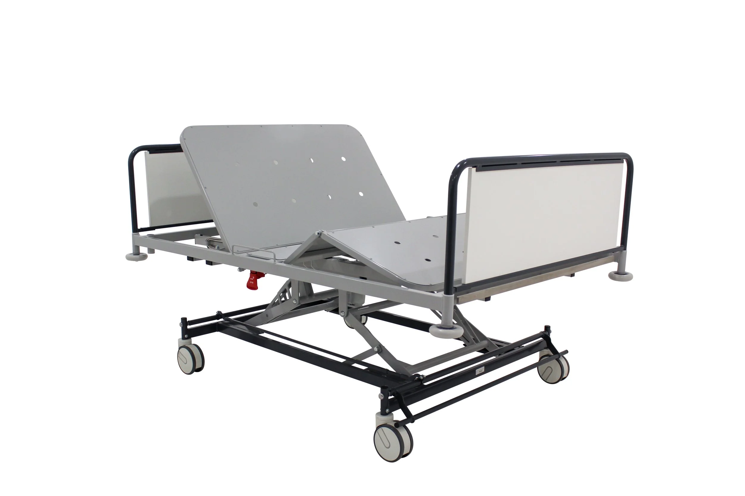 Hospital bed with adjustable head section, side rails, wheels, and a red emergency stop button.