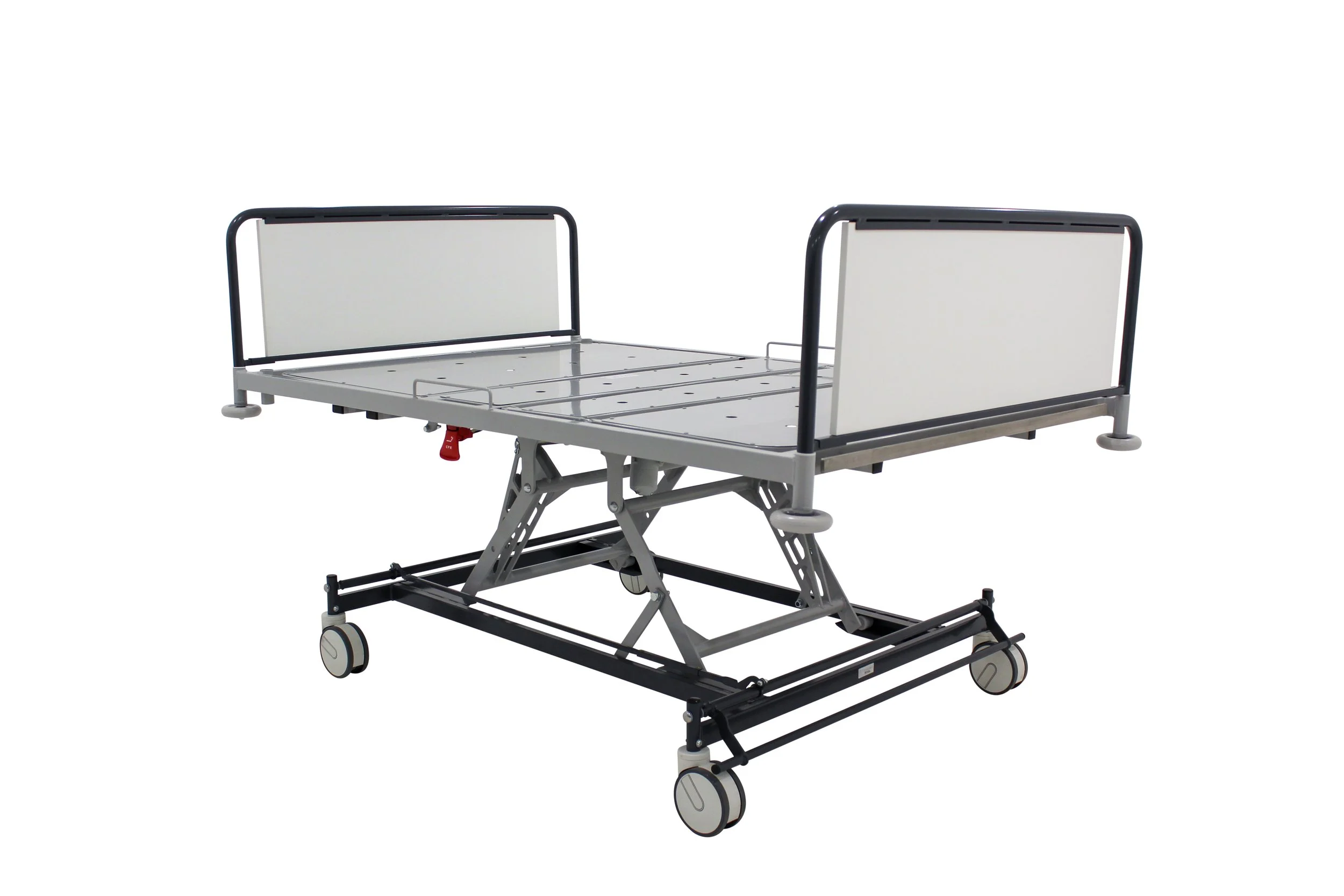 Hospital bed with metal frame, white head and foot panels, side rails, and wheels for mobility.