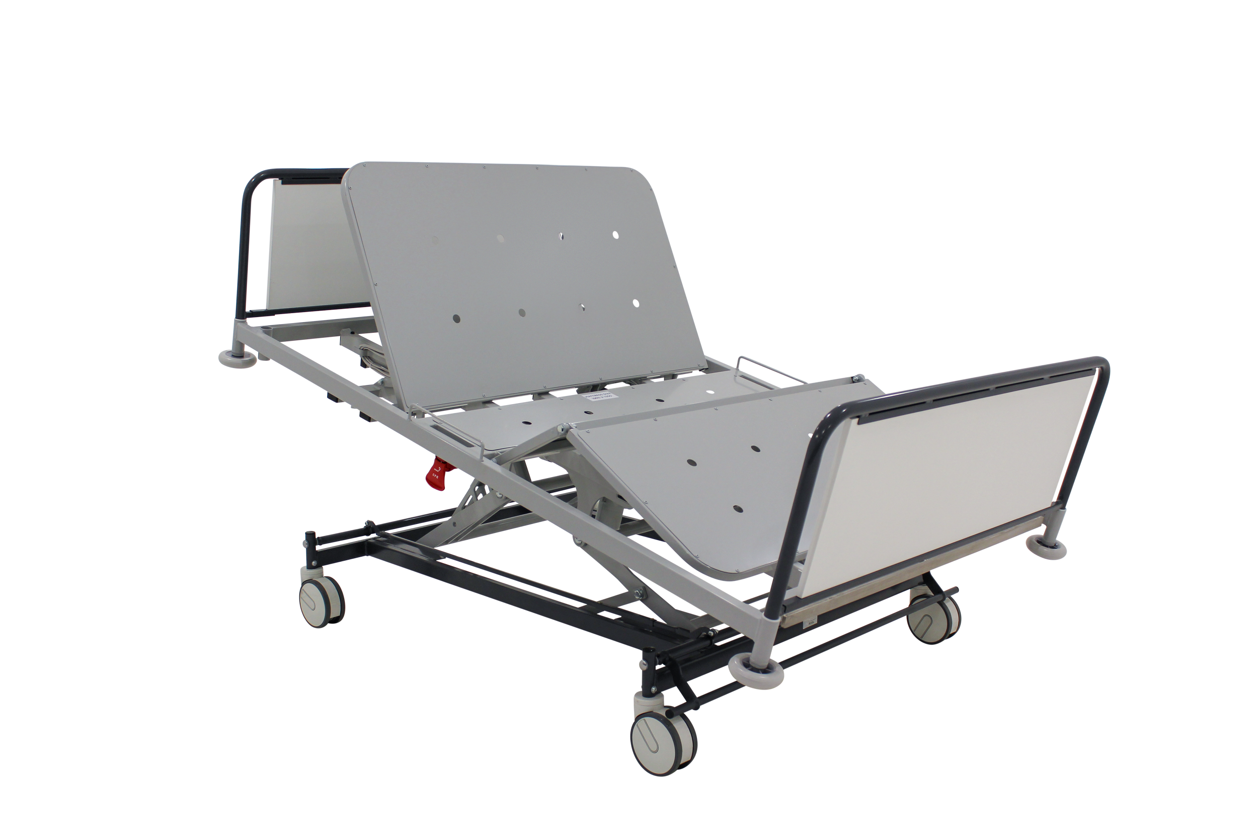 Hospital bed with side rails and wheels, adjustable headrest, and IV stand attachment.