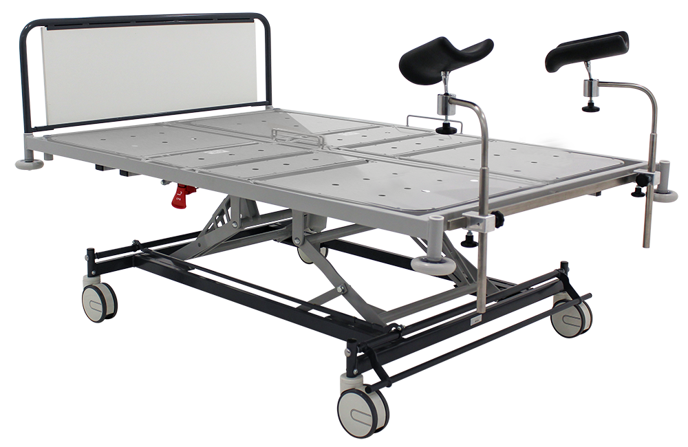 Hospital bed with metal frame, adjustable height mechanism, black head and foot sections, and attached side rails, on wheels for mobility.