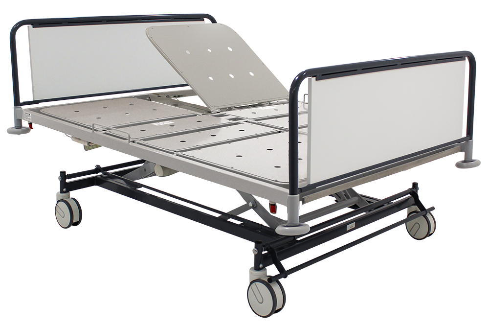 Hospital bed with adjustable side rails and wheels.
