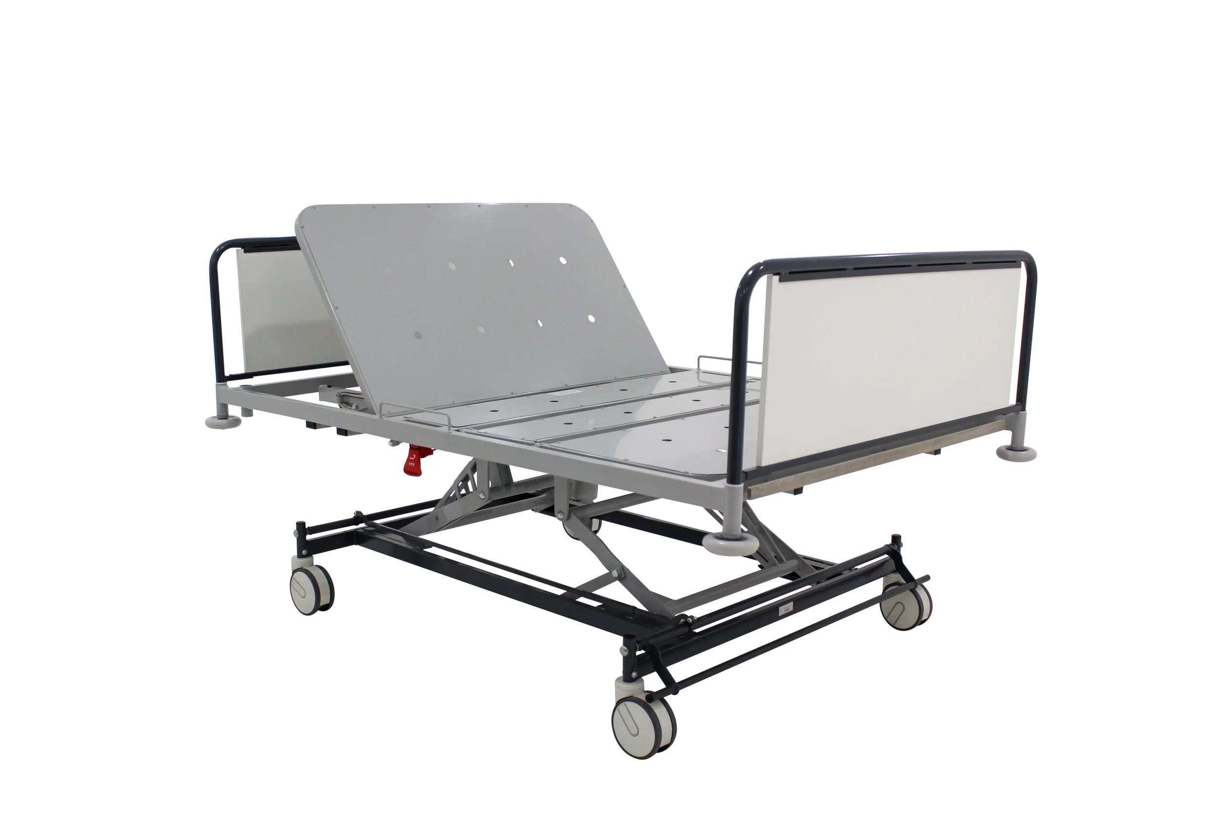 Hospital bed with adjustable headrest and side rails on wheels.