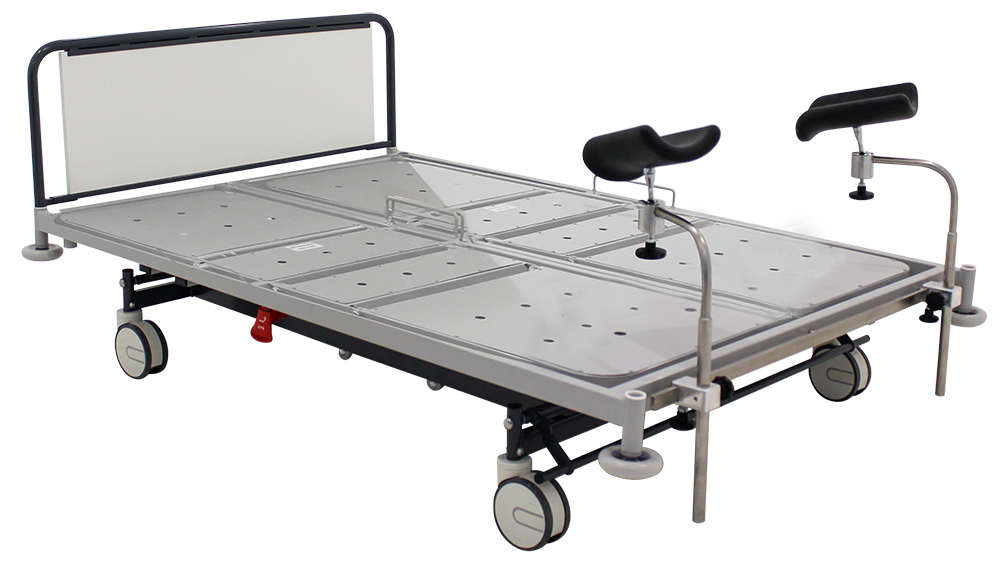 Hospital bed with an adjustable headrest and footrest, featuring a metal bed frame, mobility wheels, and a pillow attached to an adjustable support.