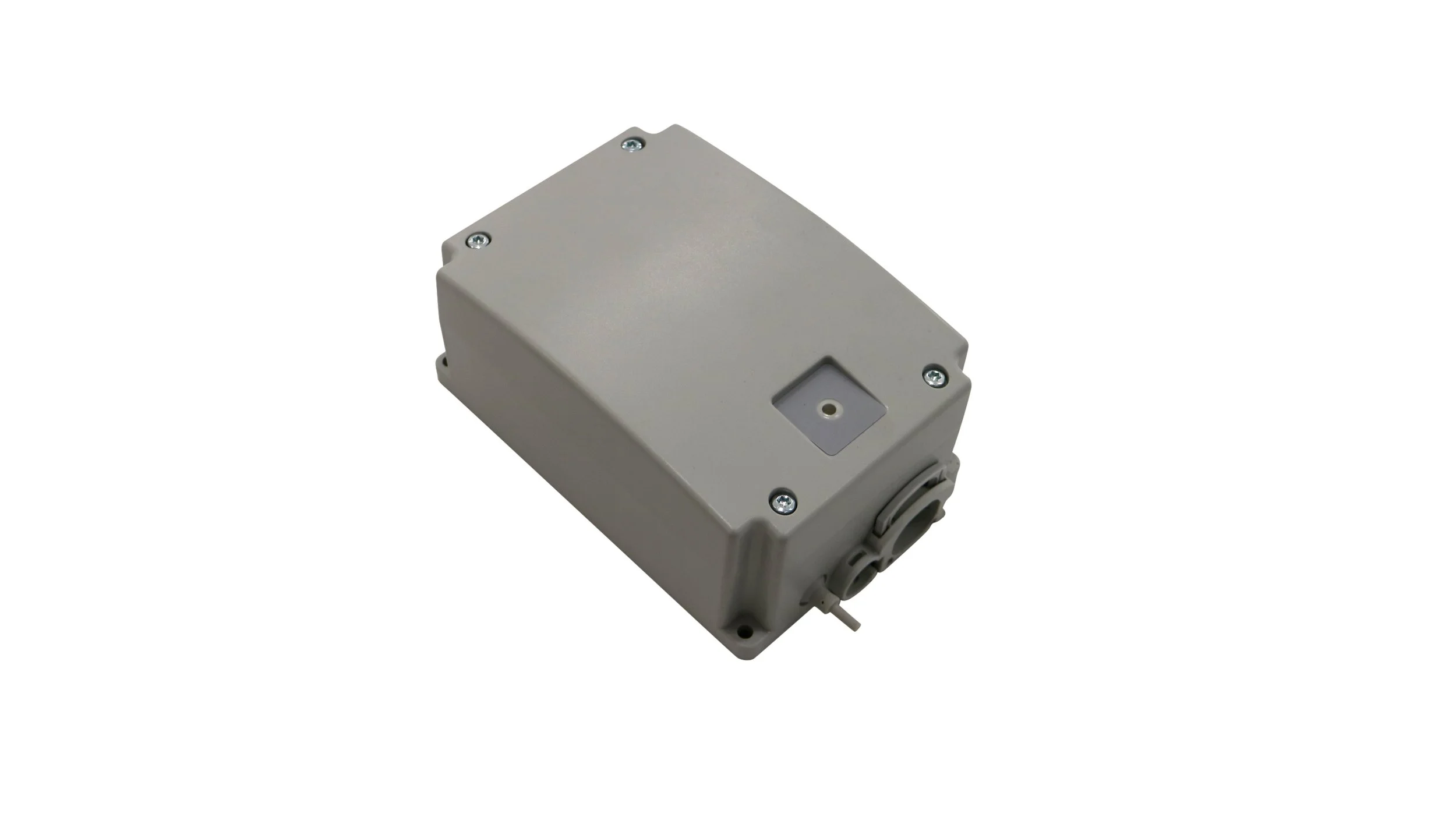 Gray electrical junction box with four screw fasteners and a single small opening on the top surface, isolated on a white background.