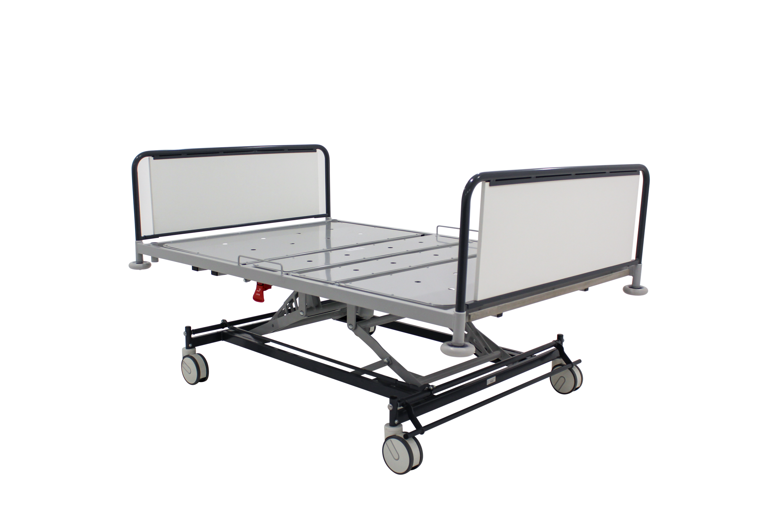 Hospital bed with metal frame, white head and foot panels, adjustable height, on wheels.