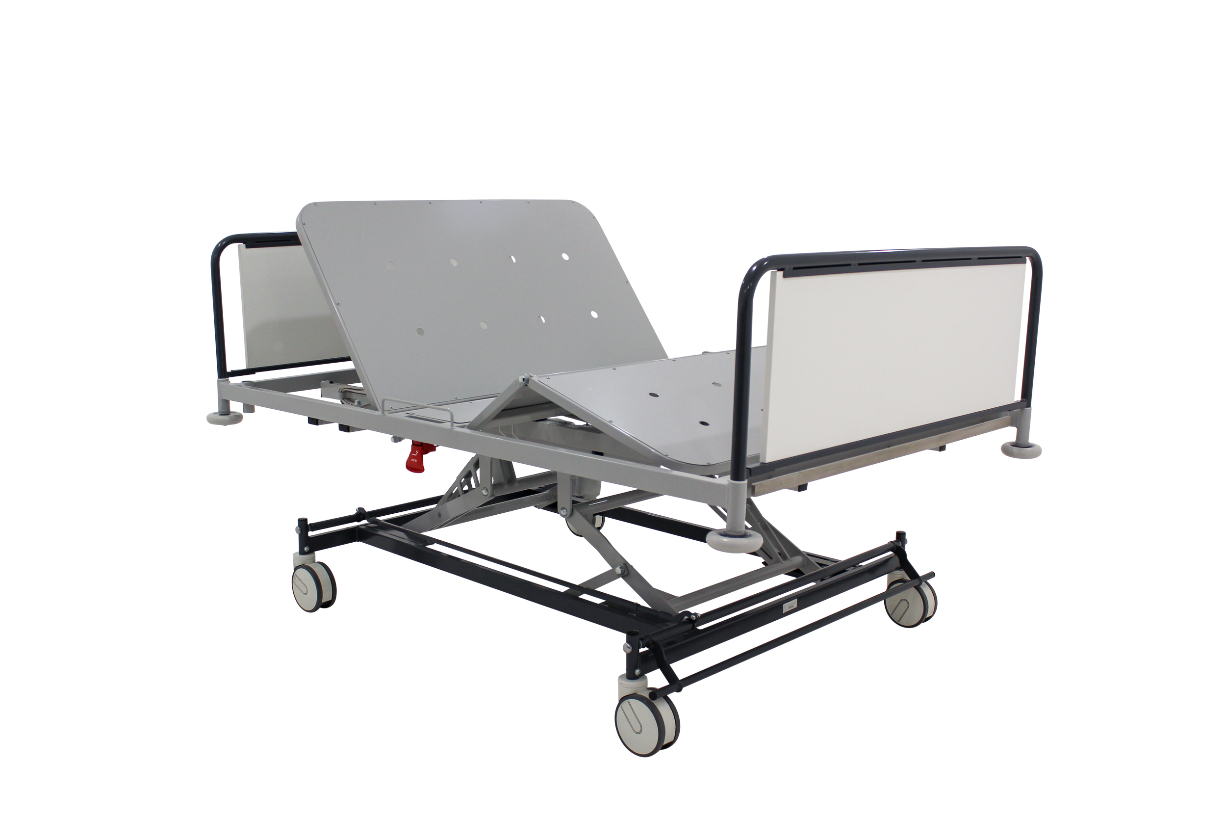 Hospital stretcher with adjustable backrest and side rails, on a wheeled metal frame.