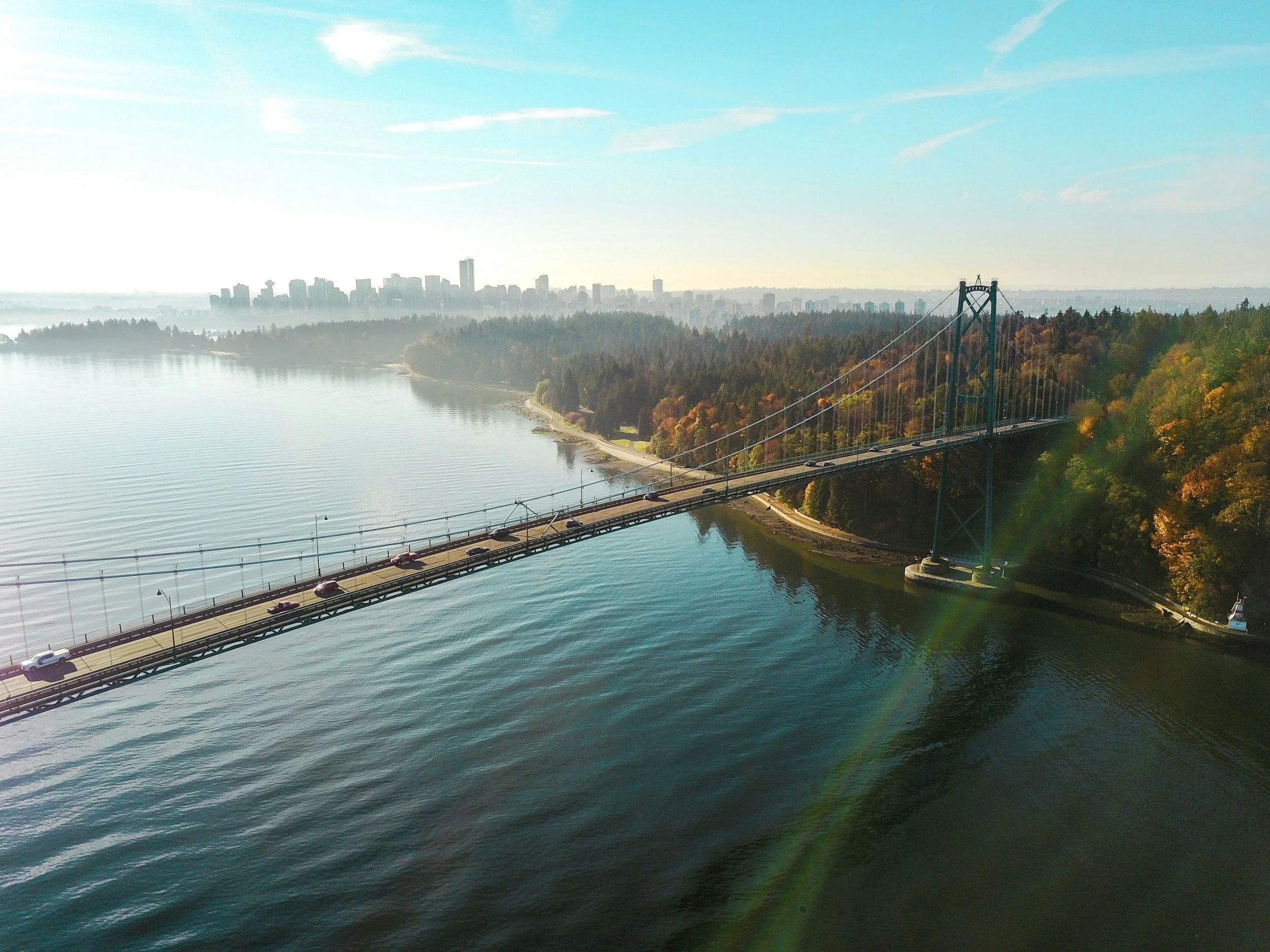 Aerial view of a suspension bridge over a river with cars, surrounded by trees with fall foliage and a city skyline in the distance.
