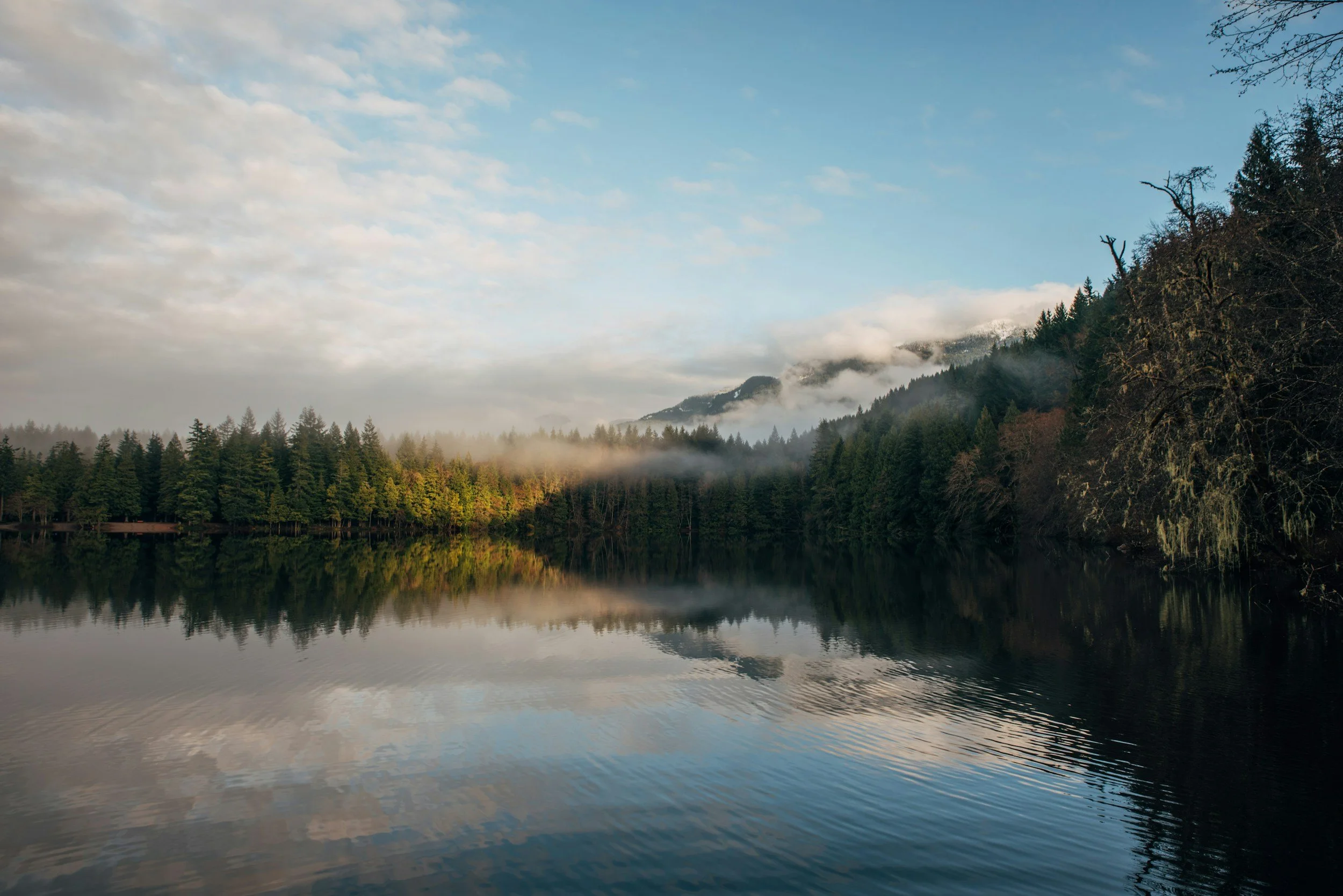A calm lake surrounded by dense evergreen trees, with mountains in the background partially covered with fog and snow, under a partly cloudy sky.
