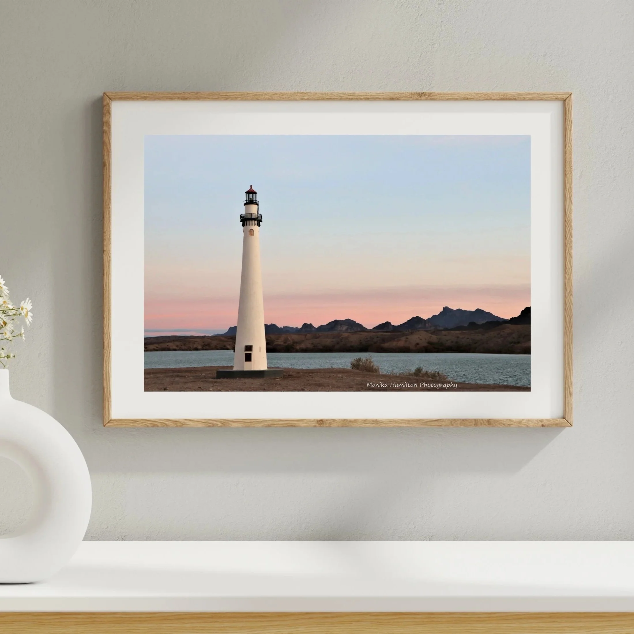 Lake Havasu Lighthouse in Arizona at Sunset - a pastel sky adds to the calm scene of this landscape photograph. This is one of my more popular prints. 