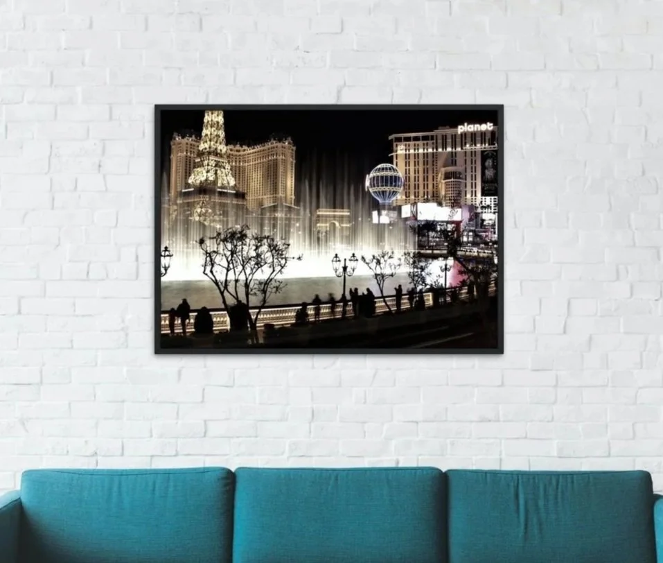 Bellagio Fountains, Las Vegas - long exposure night cityscape with illuminated buildings. This is one of my more popular photographs. Available in colour, black and white, and as a canvas, photo print, digital download or mug in separate Etsy listing