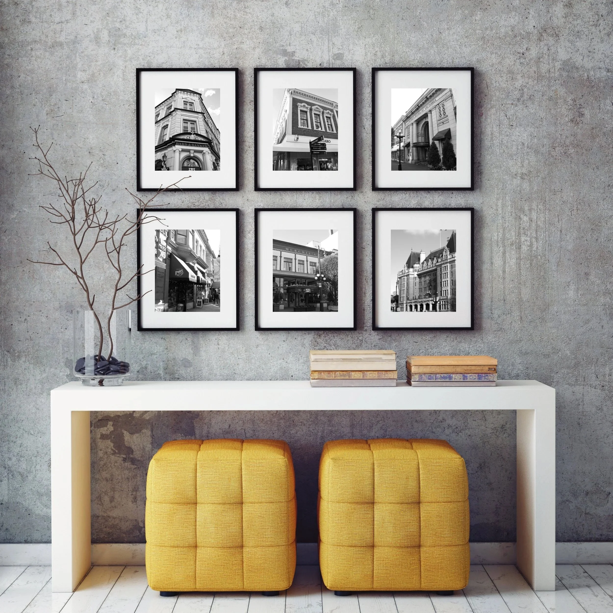 Victoria City Scenes Print Set - 6 black and white photos of popular downtown buildings, such as Murchie's, The Empress Hotel, Munro Books, Roger's Chocolates, and more. Monika Hamilton Photography