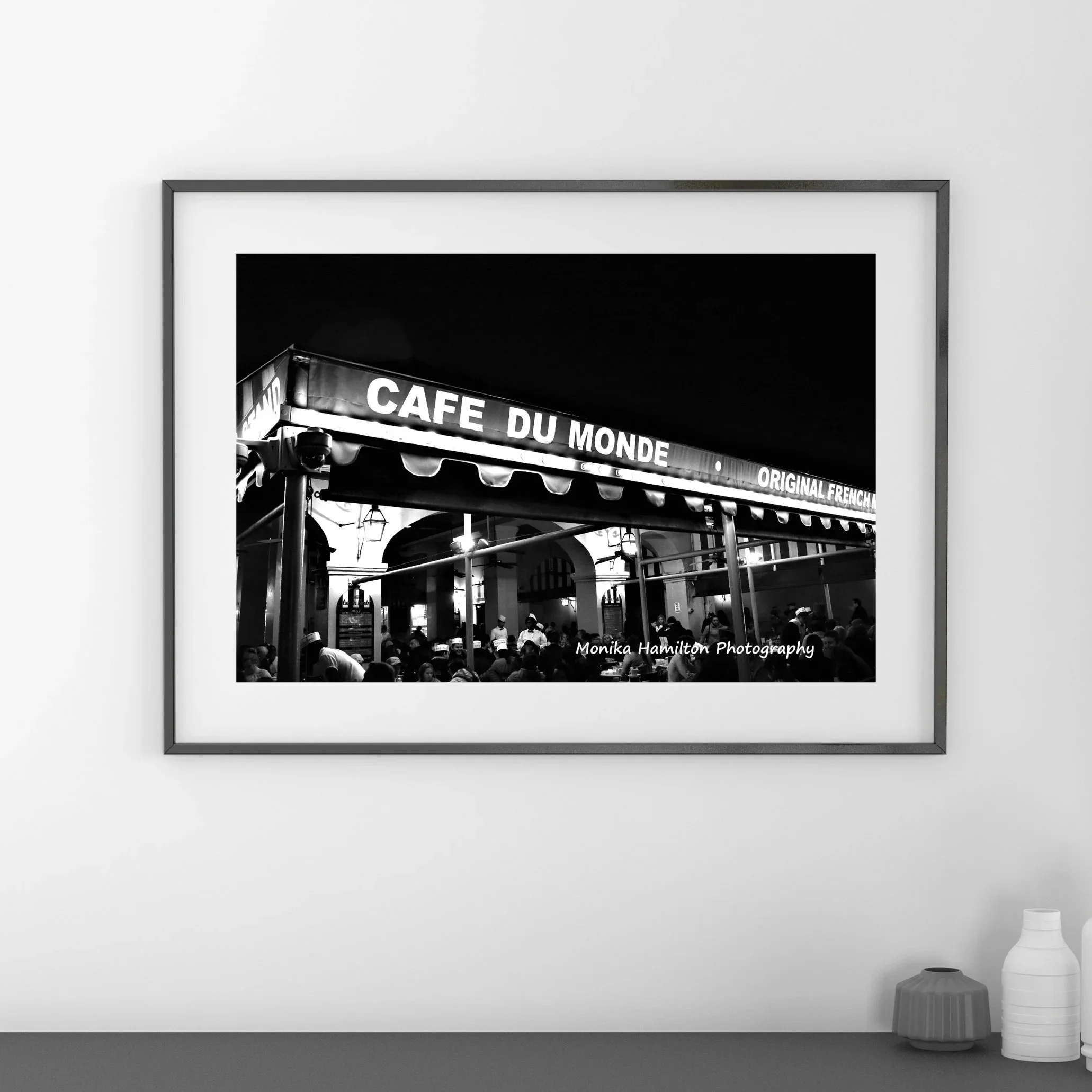 Cafe du Monde at Night - downloadable/printable photo of the busy, popular cafe in New Orleans. Available in colour and a vertical print in separate listings. Monika Hamilton Photography