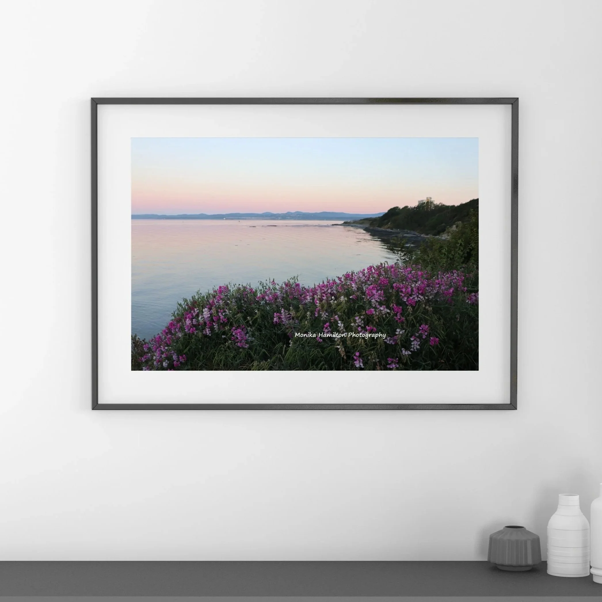 Sunset over James Bay in Victoria, British Columbia - a pastel sky and pink wildflowers create this calm ocean landscape. Monika Hamilton Photography