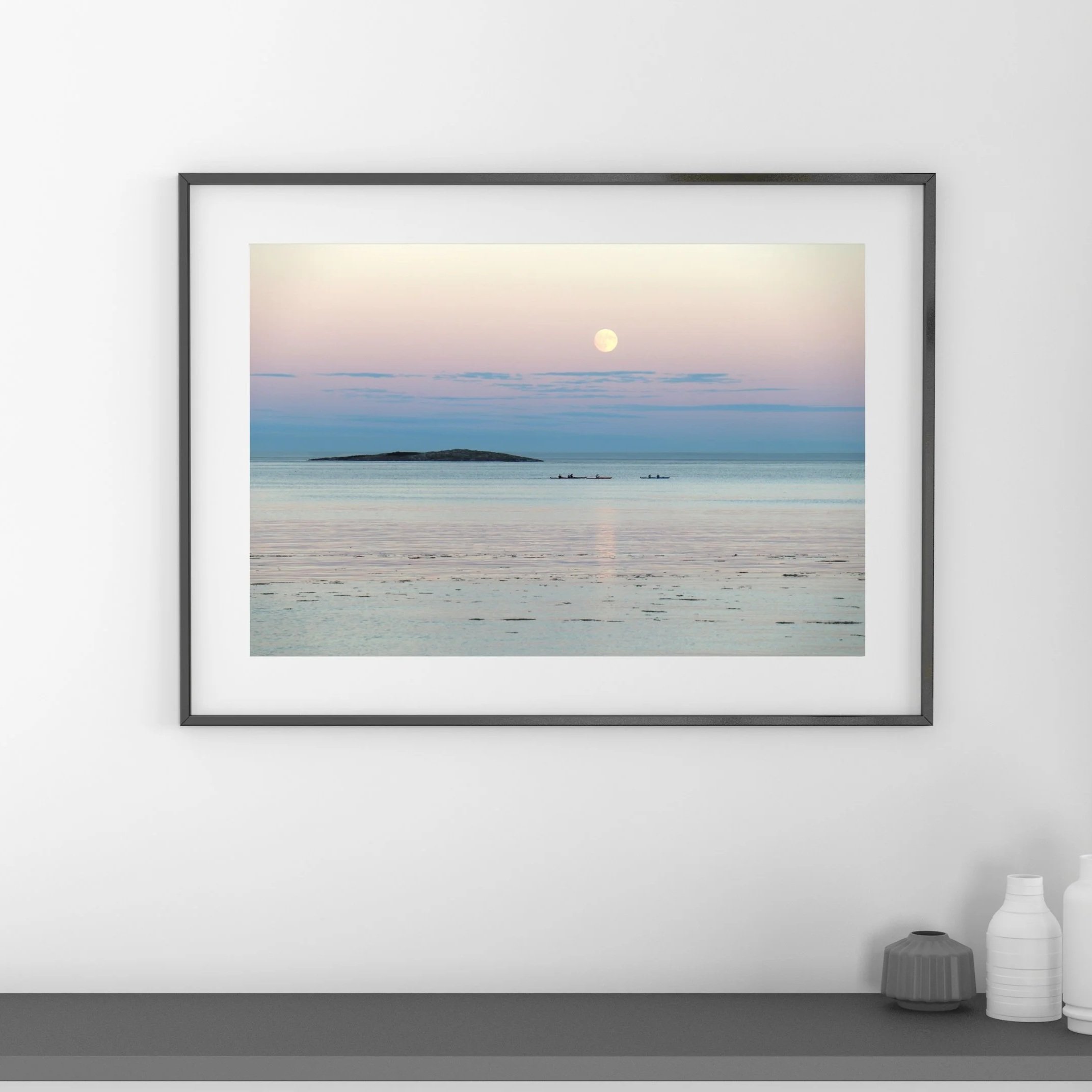 Willow's Beach, Victoria, Print: Sunset with Kayakers and Full Moon, British Columbia - Peaceful pastel sunset with kayakers and a full moon rising. Canvas or photo print taken from the waterfront at Willow's Beach in beautiful Victoria, British Colu