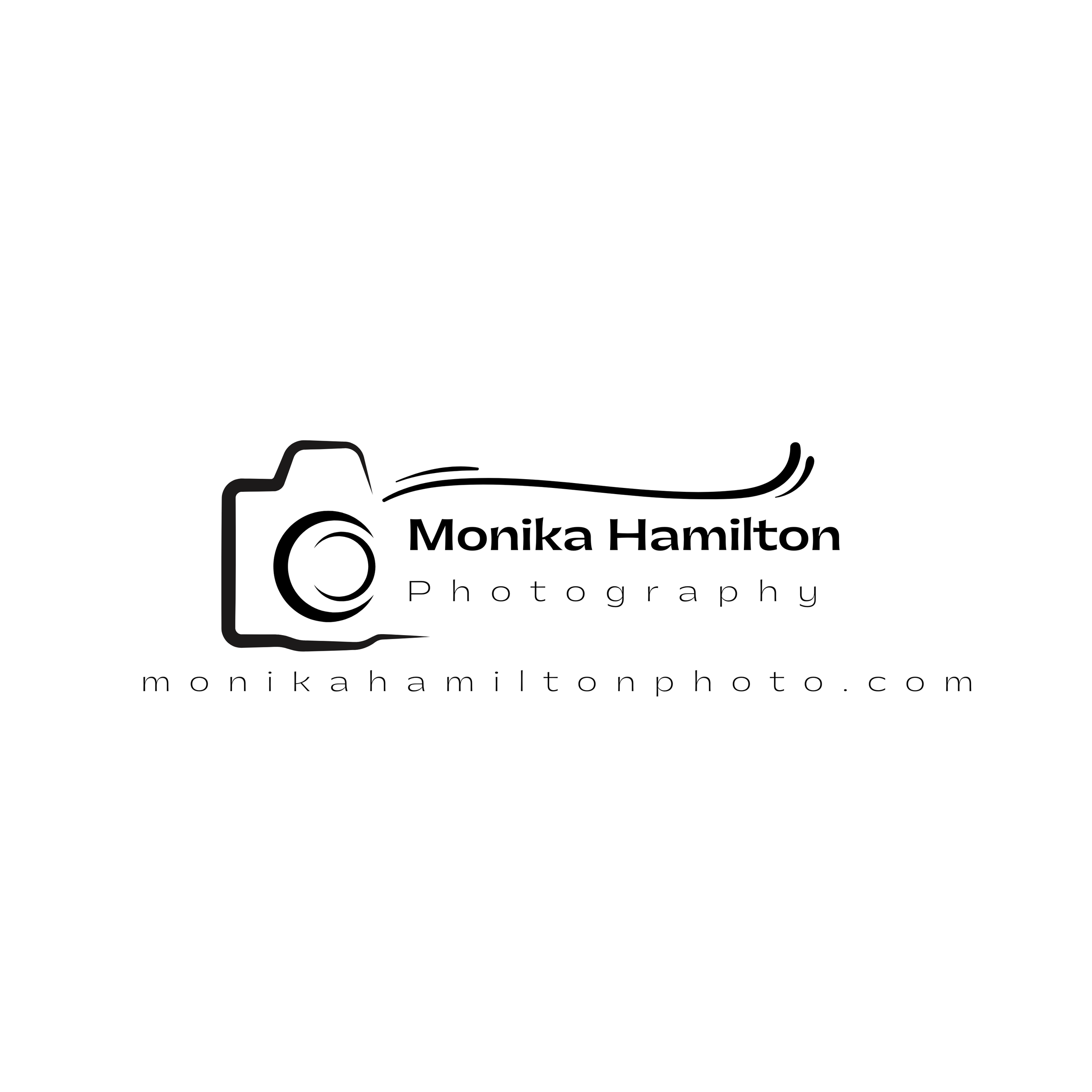 Logo for Monika Hamilton Photography featuring a stylized camera outline with a swoosh, the name Monika Hamilton, and the website monikahamiltonphoto.com.