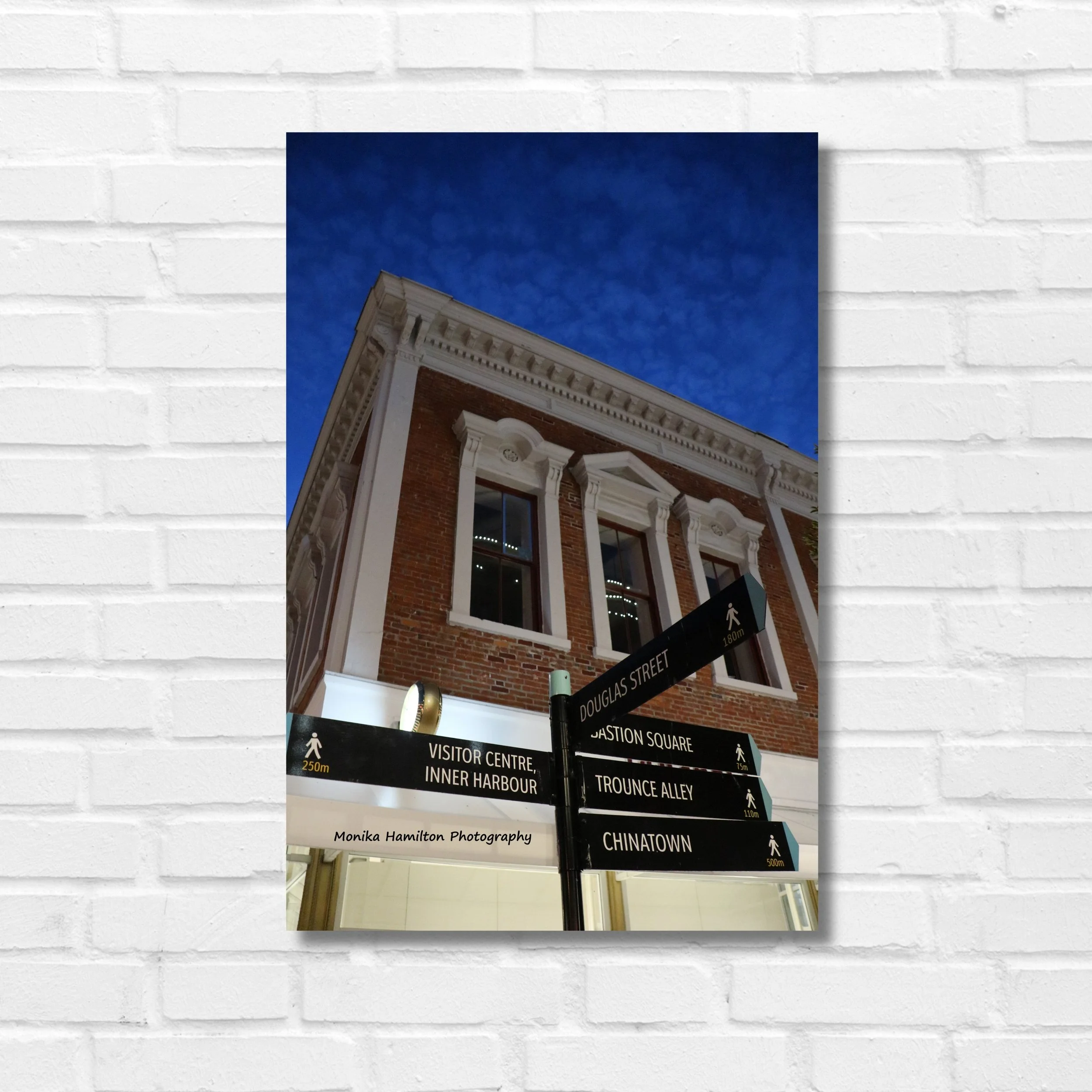 Victoria, BC, City Signs at Night: decorative architecture and a street sign for Douglas Street, Bastion Square, Trounce Alley, and Chinatown. Monika Hamilton Photography