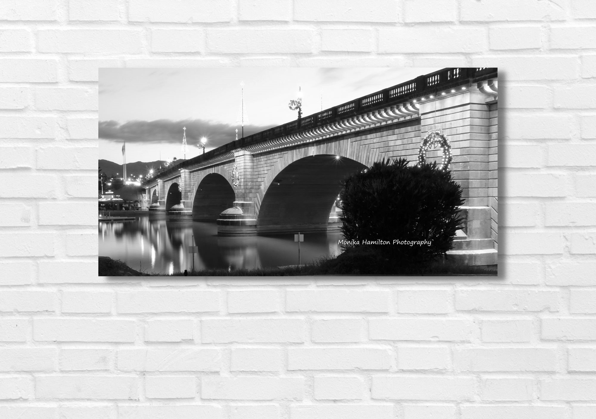 London Bridge in Lake Havasu City, Arizona - black and white photo taken at sunrise. Available as a canvas or photo print, as well as a digital download in separate Etsy listings. Monika Hamilton Photography.