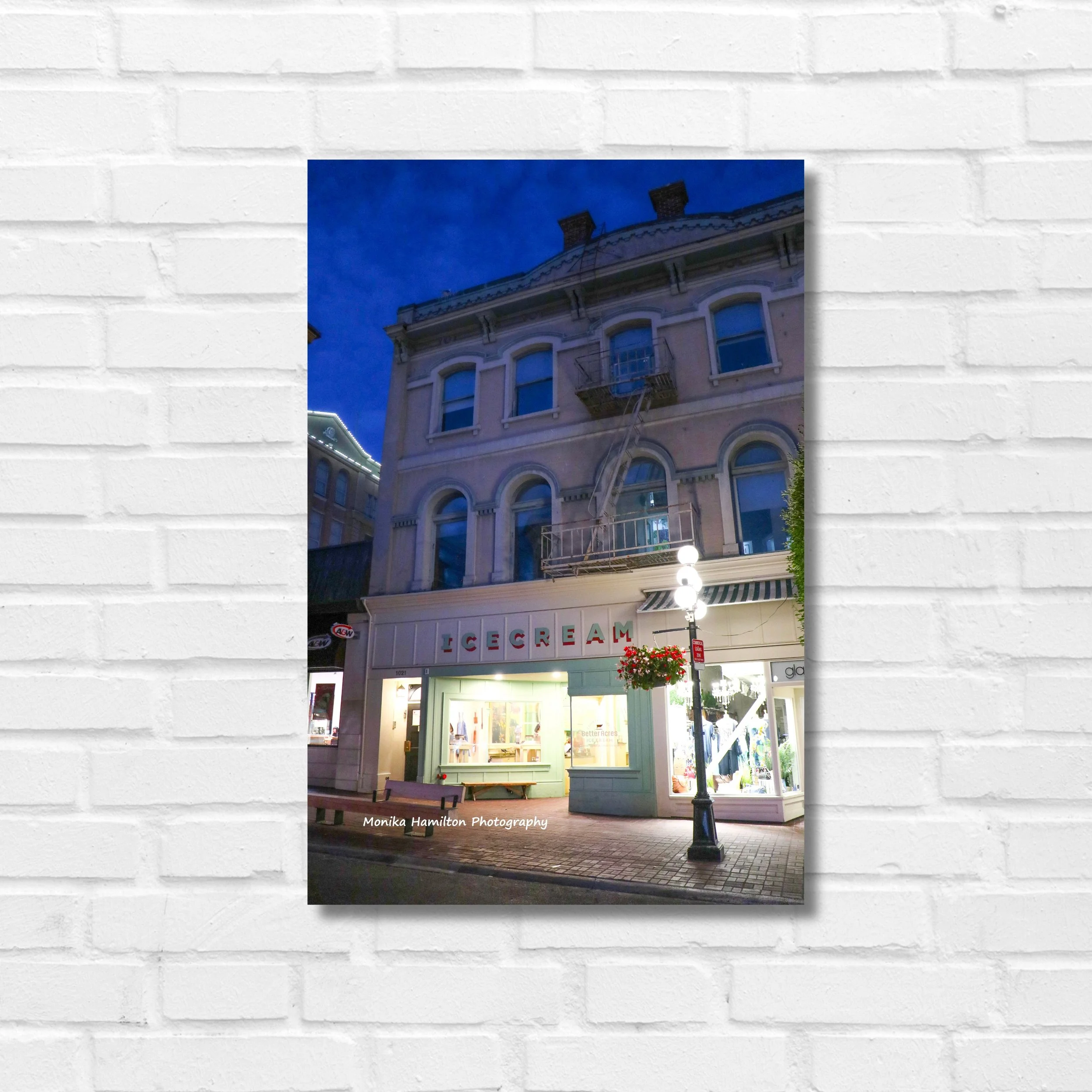 Victoria, BC, Ice Cream Shop - colourful street scene at night with a street lamp and detailed architecture. Available as a canvas or photo print. Monika Hamilton Photography