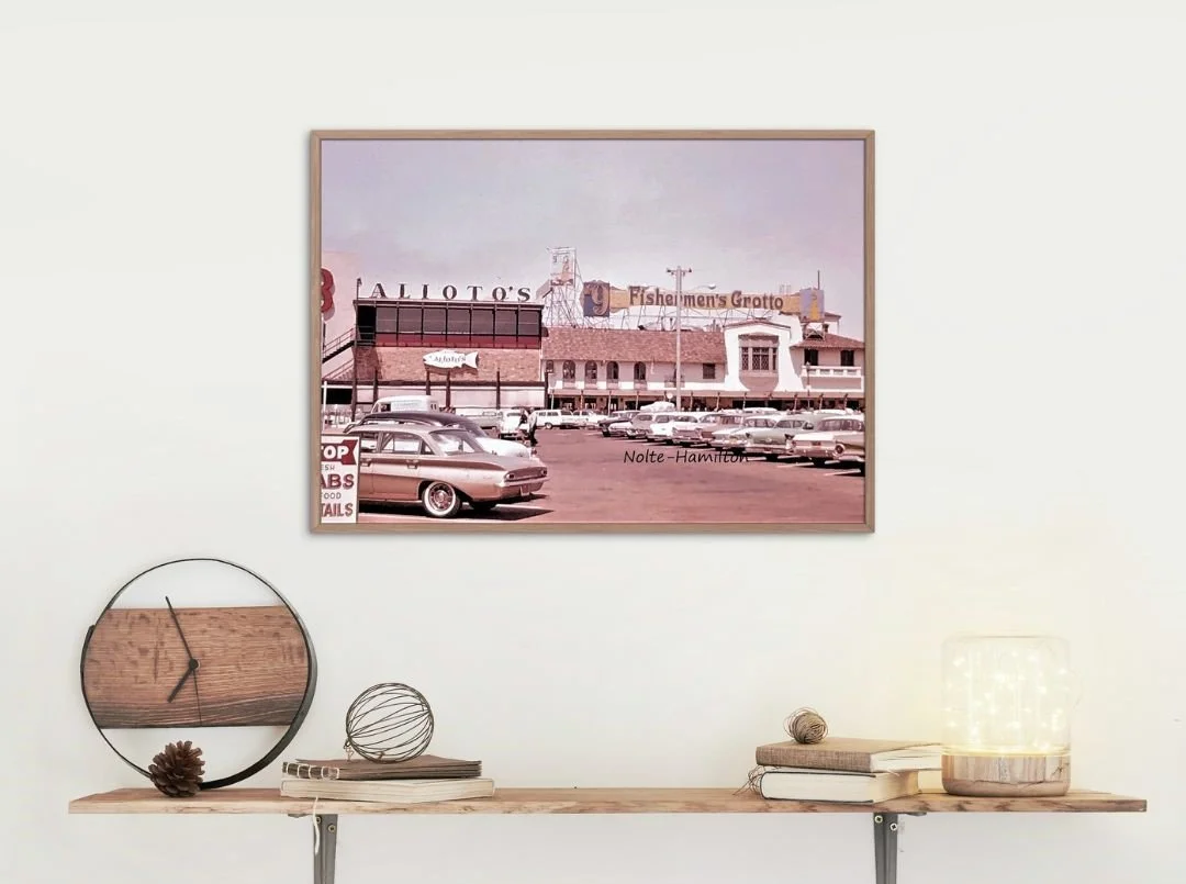 Vintage Alioto's and Fishermen's Wharf Photograph from the 1960s - a seaside restaurant with classic cars in the parking lot. My dad took this original photo. 