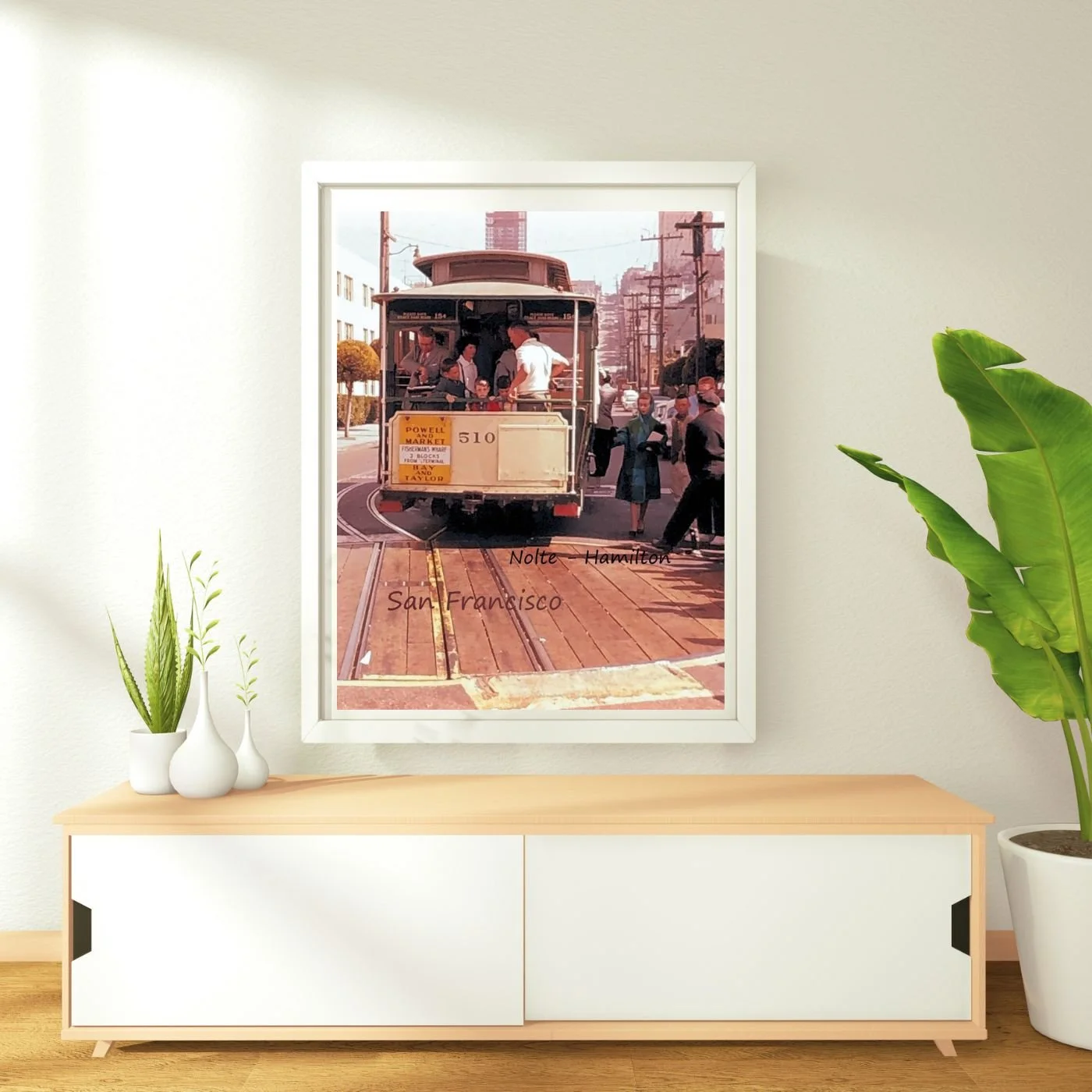 Vintage photo of a trolley street cable car in San Francisco, California. The car is labeled Powell Street. People are in line waiting to board. This is an original city street scene taken by my dad in the 1960s.